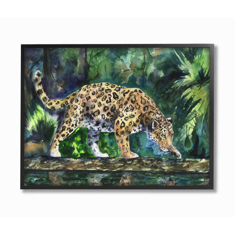 Stupell Industries Jaguar Large Cat Animal Green Watercolor Painting Framed Giclee Texturized Art by George Dyachenko