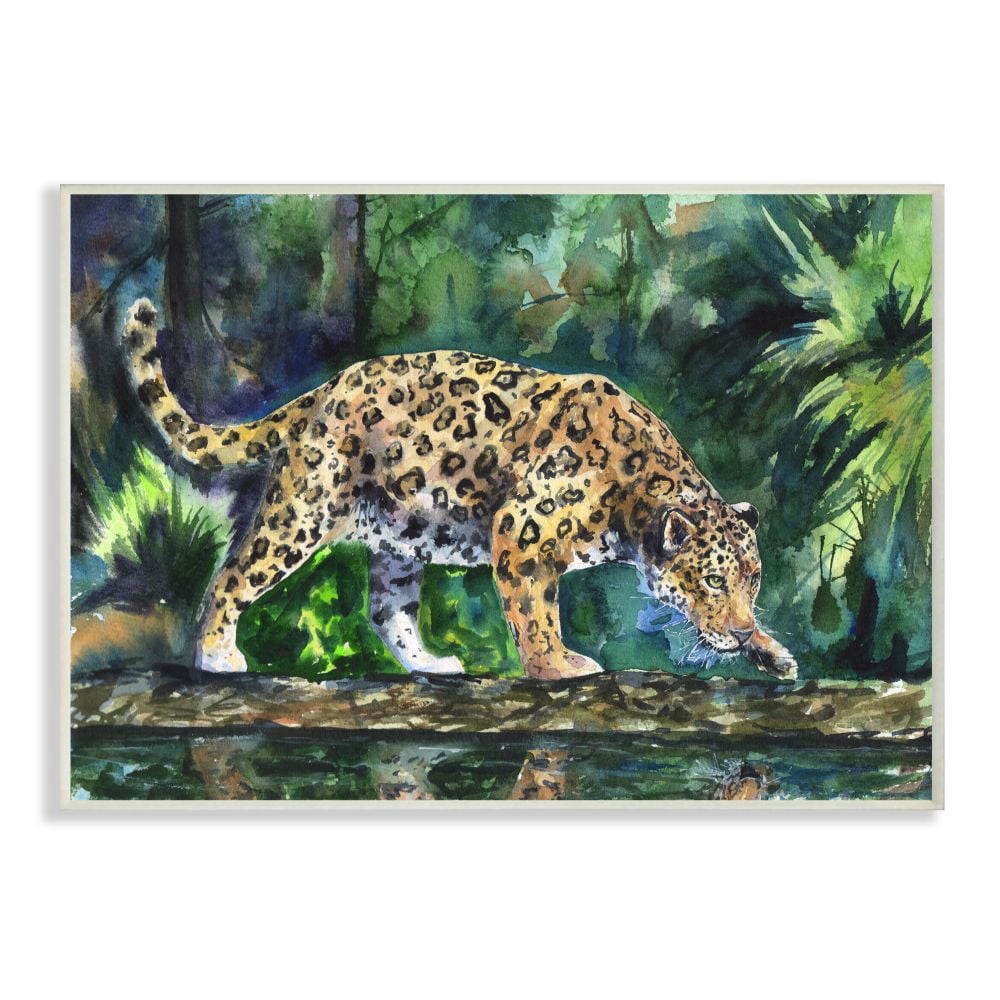 Stupell Industries Jaguar Large Cat Animal Green Watercolor Painting Wall Plaque Art by George Dyachenko