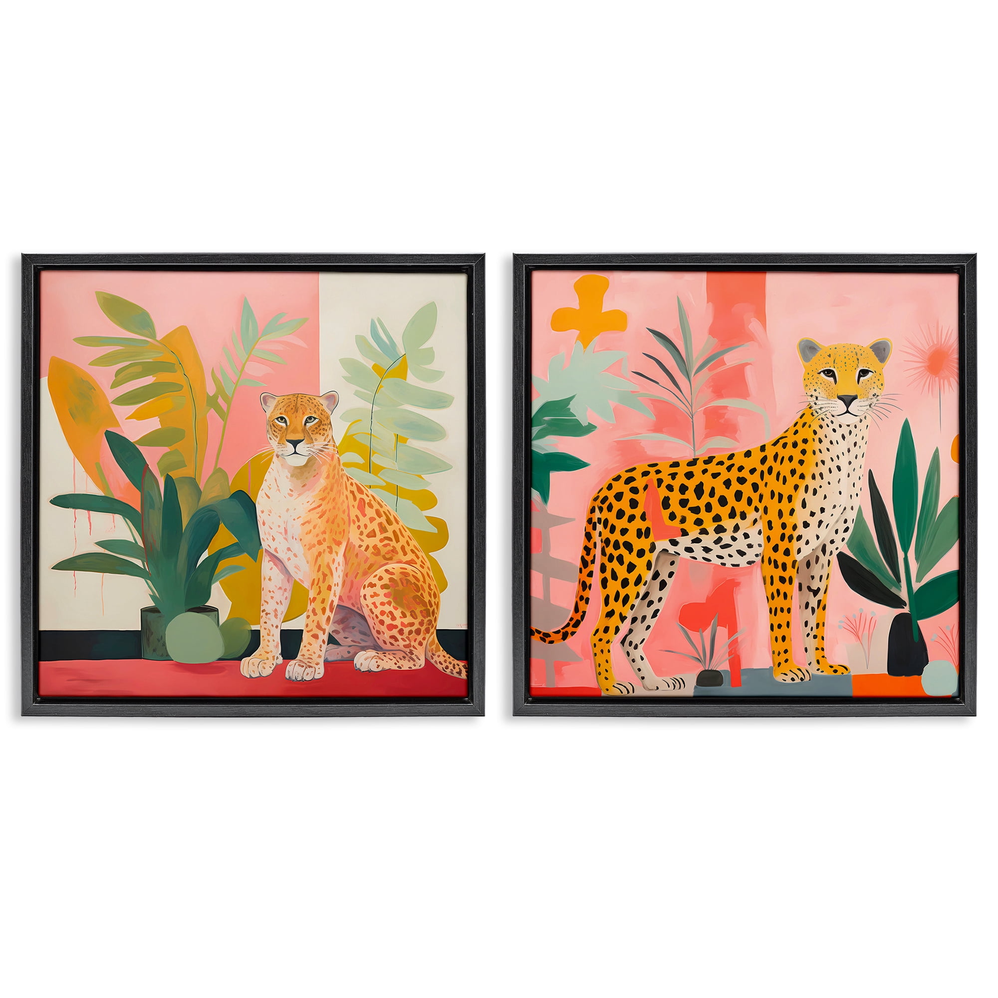 Stupell Industries Jaguar Leopard Potted Palms Animals Painting Black Floater Framed Canvas Art Print Wall Art, 25 x 25, Set of 2