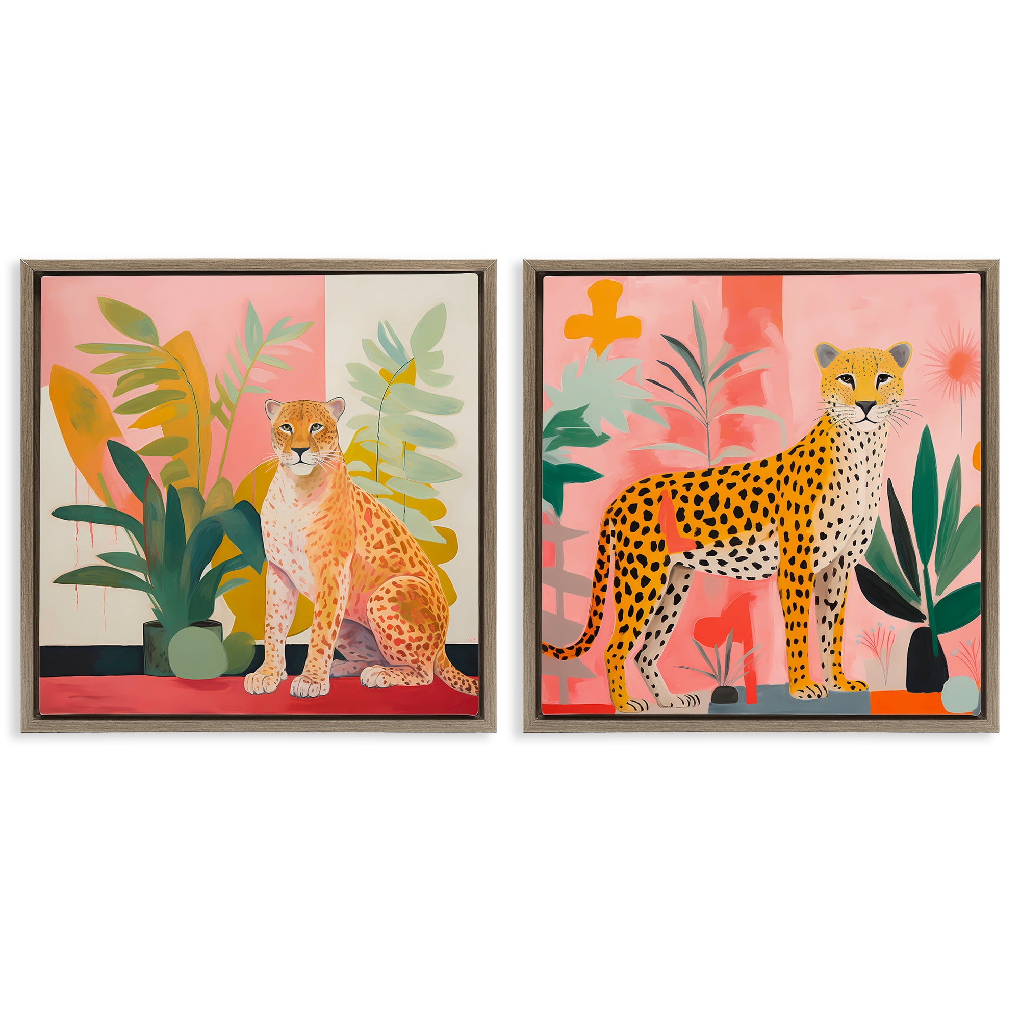 Stupell Industries Jaguar Leopard Potted Palms Animals Painting Brown Floater Framed Canvas Art Print Wall Art, 25 x 25, Set of 2