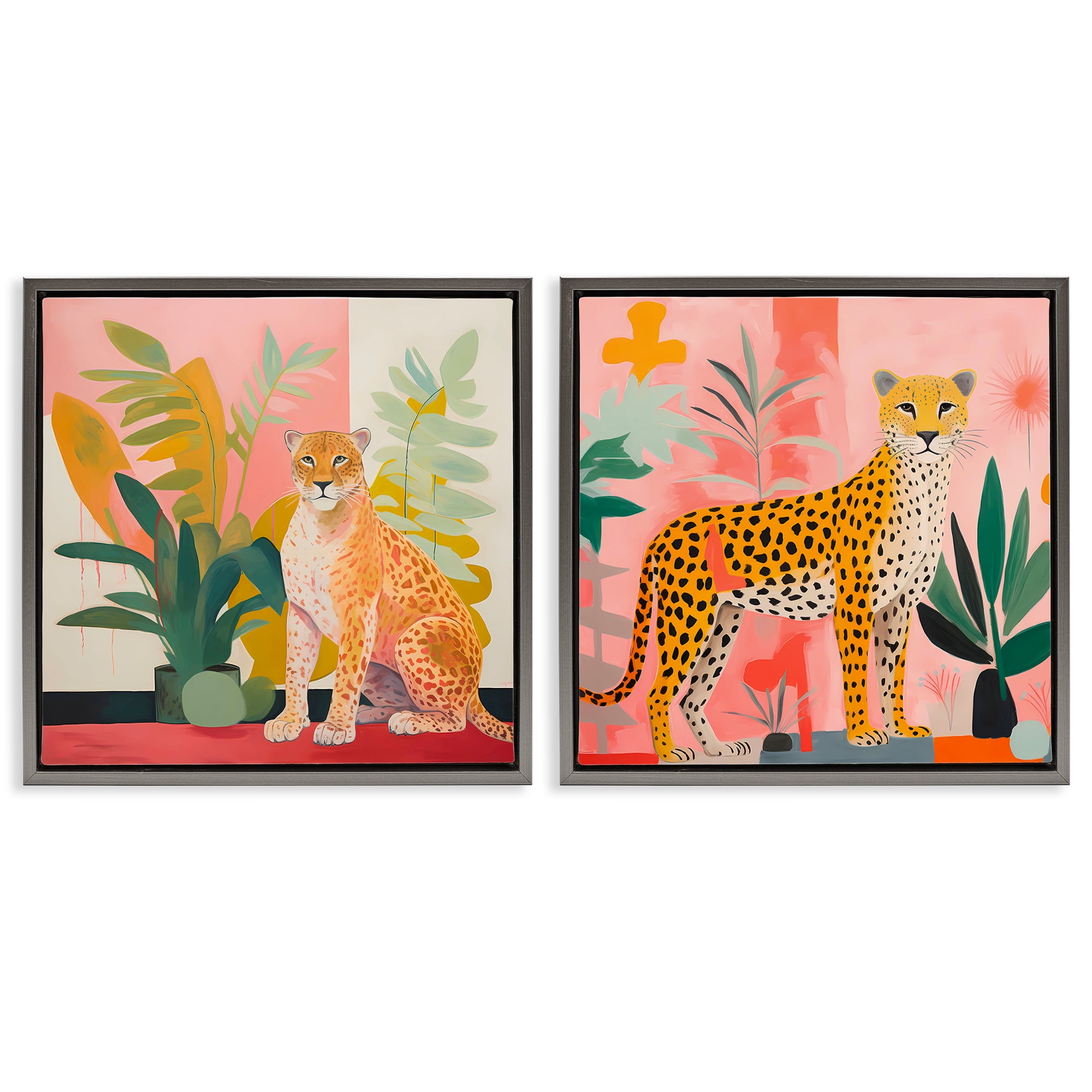 Stupell Industries Jaguar Leopard Potted Palms Animals Painting Gray Floater Framed Canvas Art Print Wall Art, 25 x 25, Set of 2