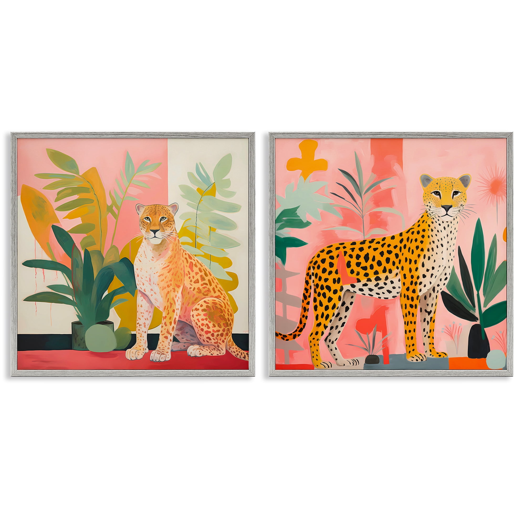 Stupell Industries Jaguar Leopard Potted Palms Animals Painting Gray Framed Art Print Wall Art, 17 x 17, Set of 2