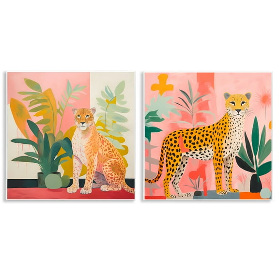 Stupell Industries Jaguar Leopard Potted Palms Animals Painting Unframed Art Print Wall Art, 12 x 12, Set of 2