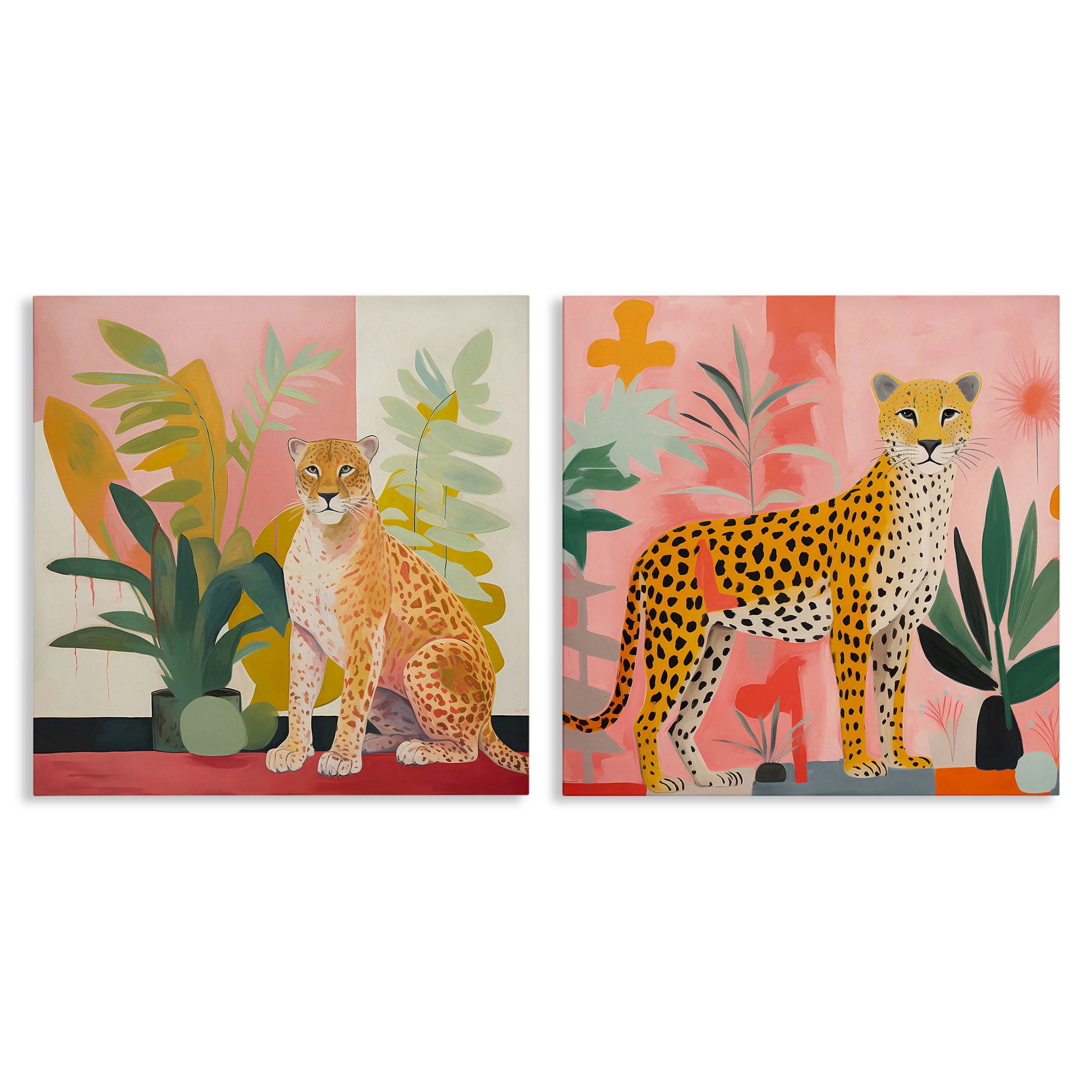 Stupell Industries Jaguar Leopard Potted Palms Animals Painting Wrapped Canvas Art Print Wall Art, 24 x 24, Set of 2
