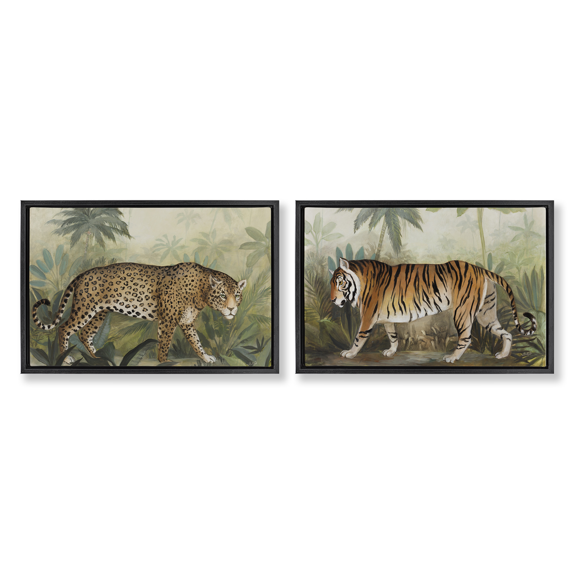 Stupell Industries Jaguar & Tiger Jungle Scene Animals Painting Black Floater Framed Canvas Art Print Wall Art, 31 x 21, Set of 2