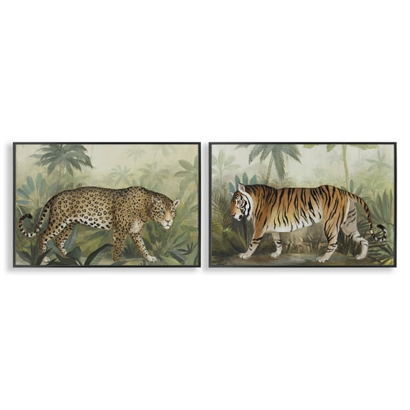 Stupell Industries Jaguar & Tiger Jungle Scene Animals Painting Black Framed Art Print Wall Art, 18 x 12, Set of 2