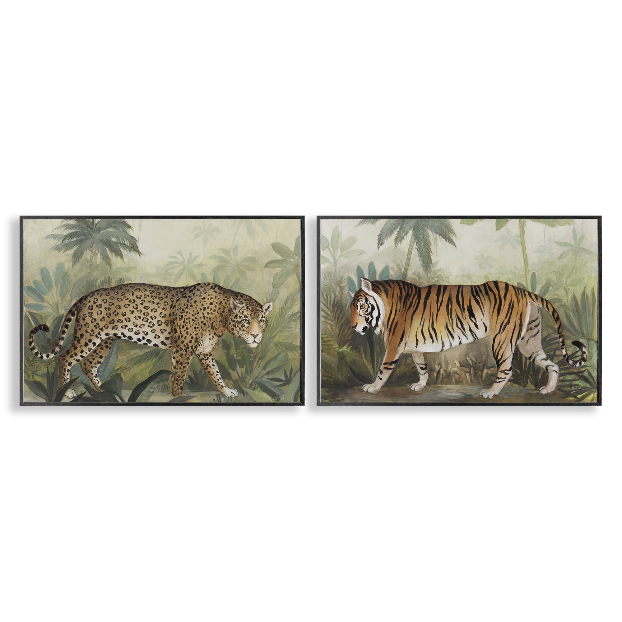 Stupell Industries Jaguar & Tiger Jungle Scene Animals Painting Black Framed Art Print Wall Art, 24 x 16, Set of 2