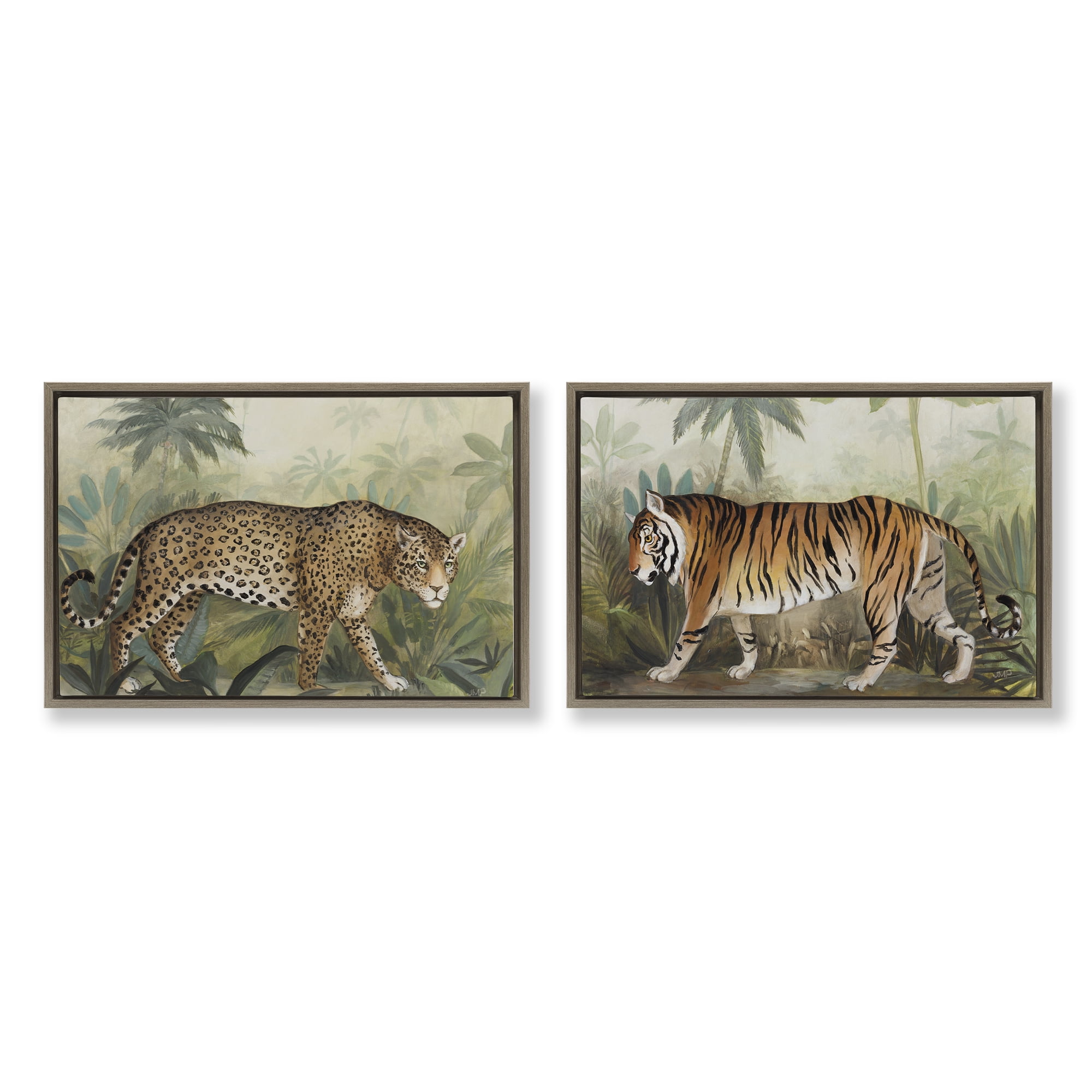 Stupell Industries Jaguar & Tiger Jungle Scene Animals Painting Brown Floater Framed Canvas Art Print Wall Art, 25 x 17, Set of 2