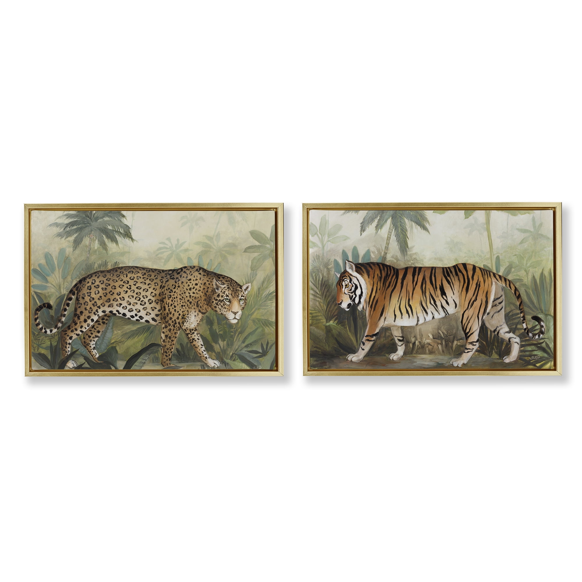 Stupell Industries Jaguar & Tiger Jungle Scene Animals Painting Gold Floater Framed Canvas Art Print Wall Art, 31 x 21, Set of 2