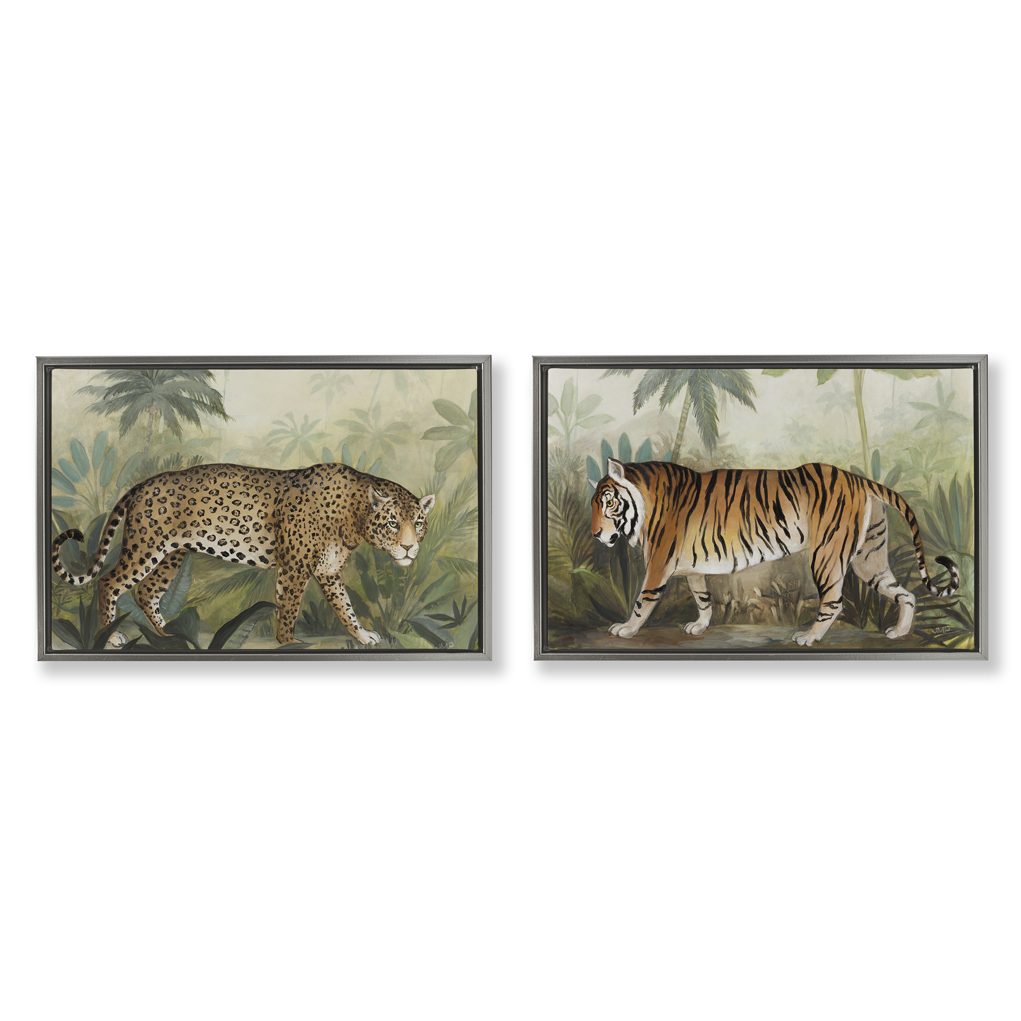 Stupell Industries Jaguar & Tiger Jungle Scene Animals Painting Gray Floater Framed Canvas Art Print Wall Art, 31 x 21, Set of 2