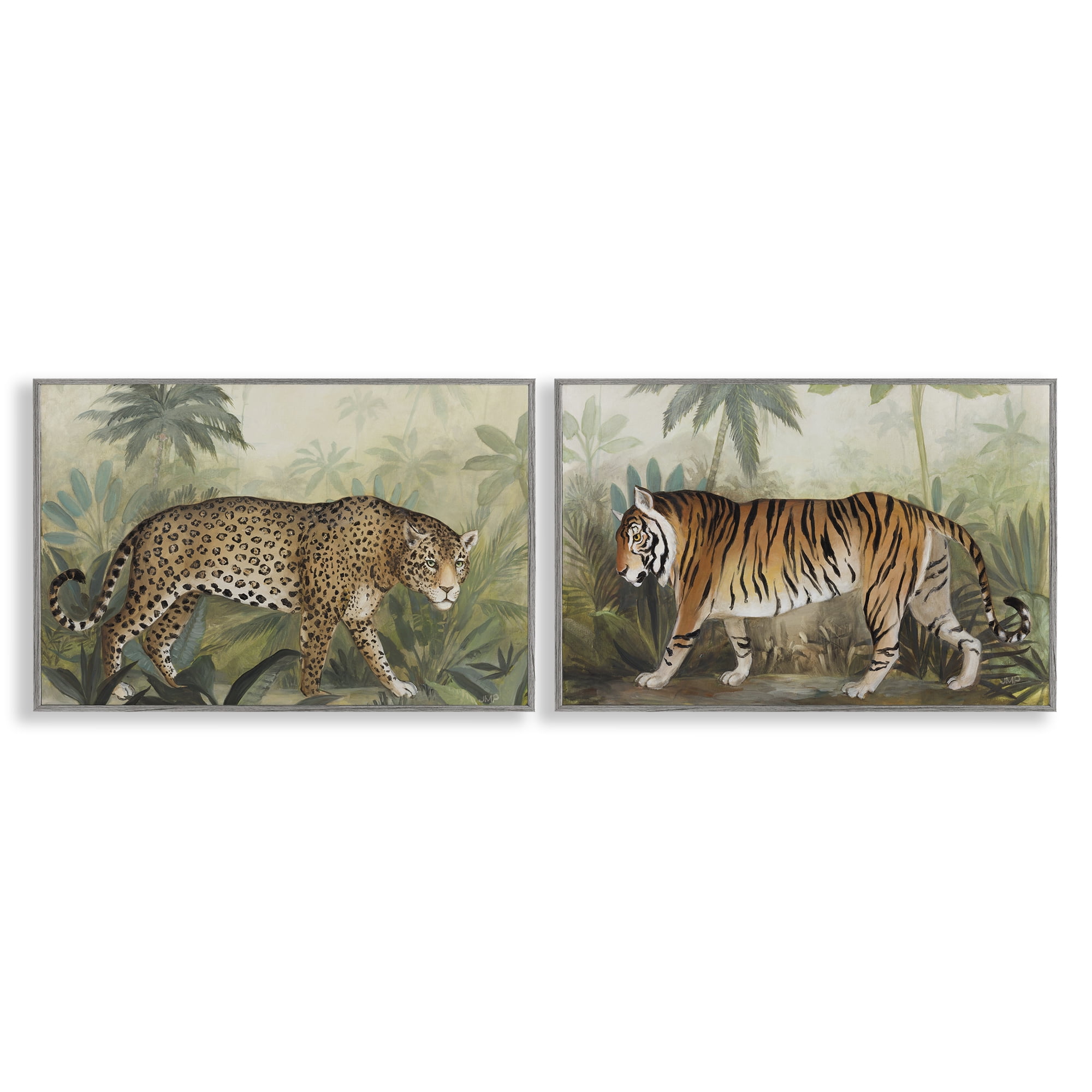 Stupell Industries Jaguar & Tiger Jungle Scene Animals Painting Gray Framed Art Print Wall Art, 30 x 20, Set of 2