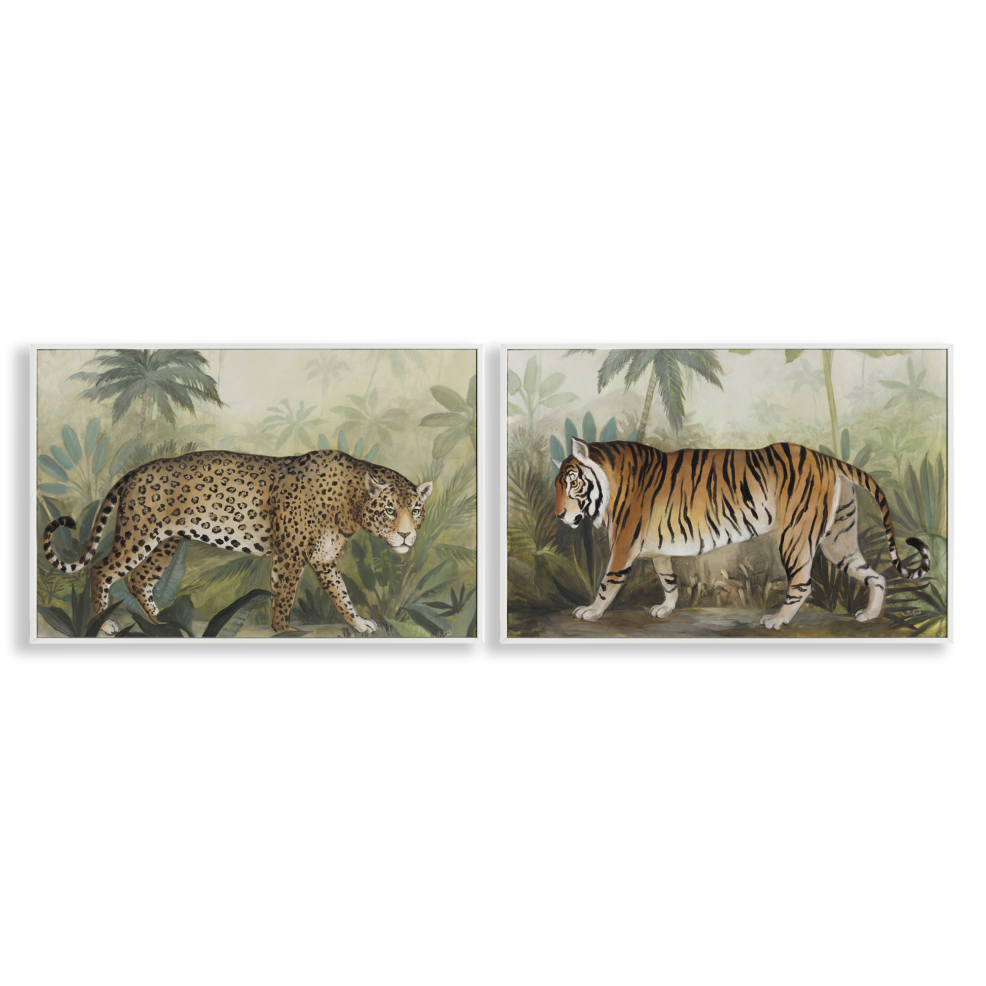 Stupell Industries Jaguar & Tiger Jungle Scene Animals Painting White Framed Art Print Wall Art, 18 x 12, Set of 2