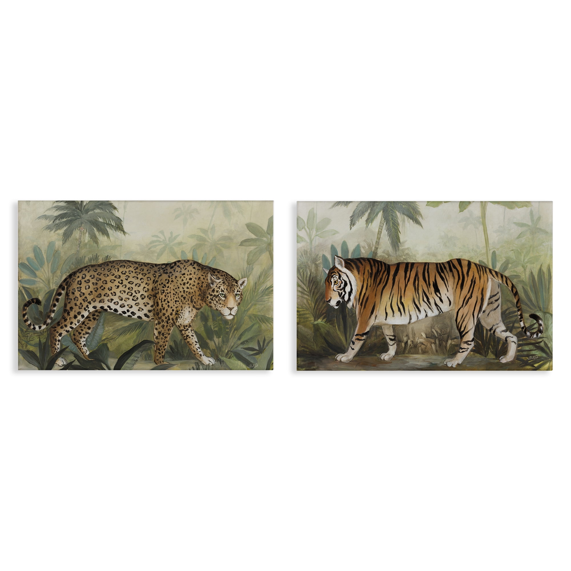 Stupell Industries Jaguar & Tiger Jungle Scene Animals Painting Wrapped Canvas Art Print Wall Art, 24 x 16, Set of 2