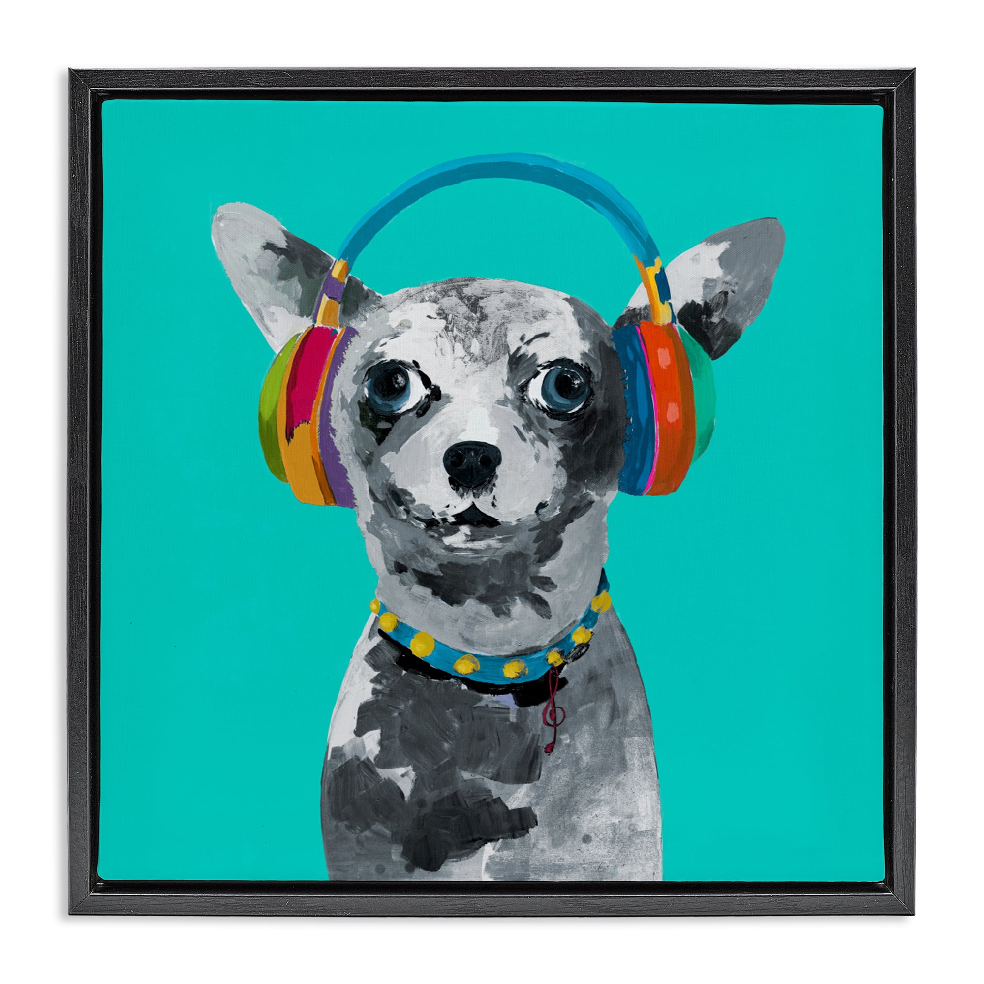 Stupell Industries Jammin' Pup on Blue Black Framed Floater Canvas Wall Art, design by Lorenzo Collective