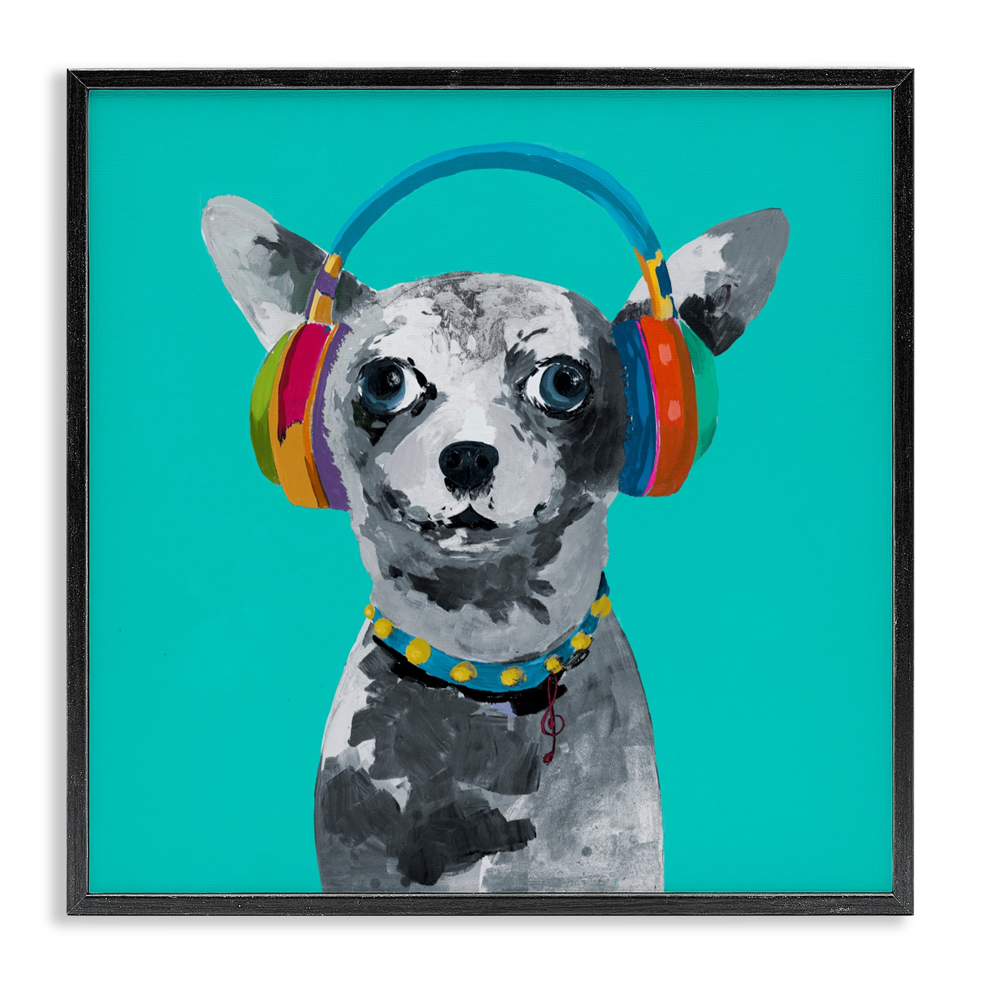Stupell Industries Jammin' Pup on Blue Black Framed Giclee Art, design by Lorenzo Collective