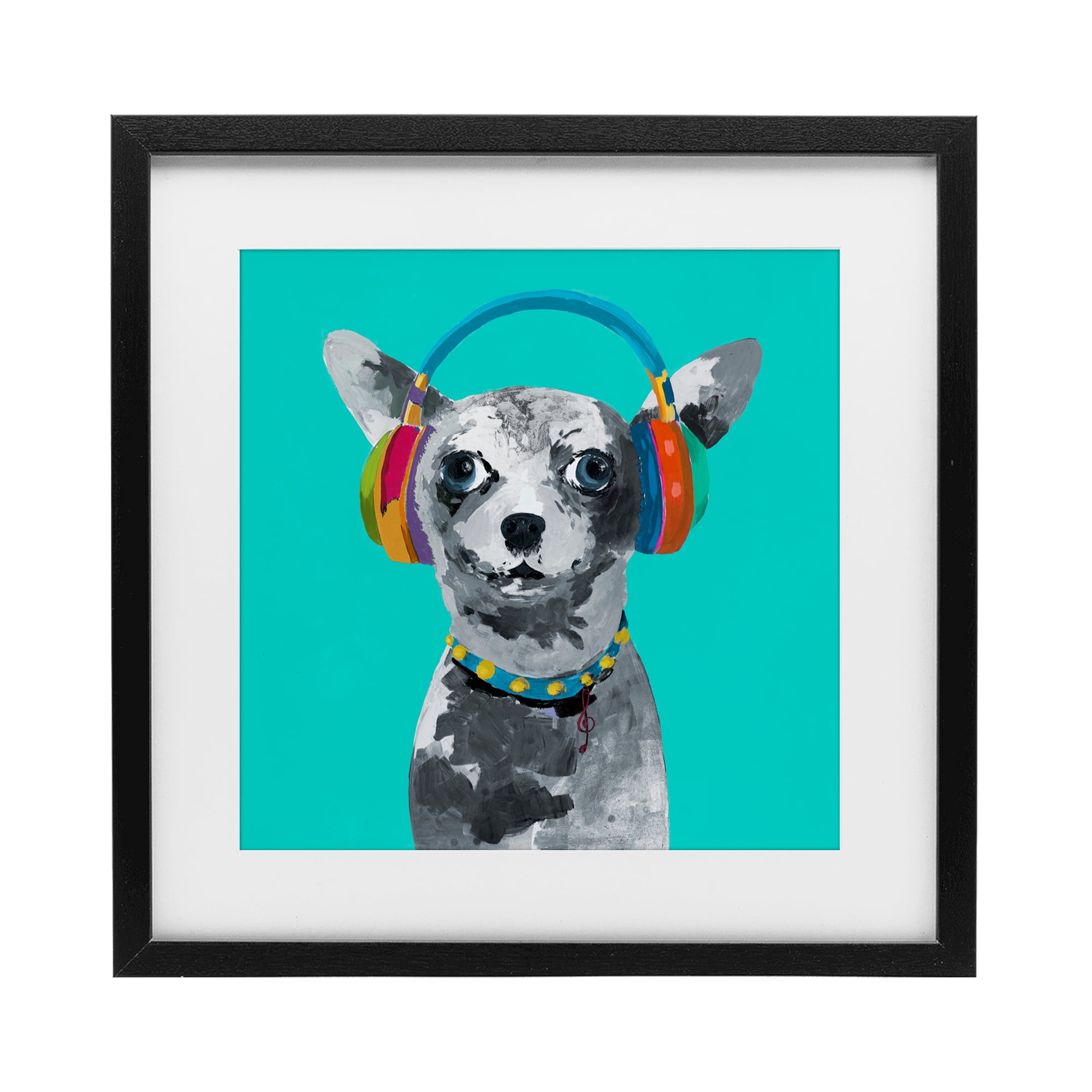 Stupell Industries Jammin' Pup on Blue Black Framed Print Under Glass, design by Lorenzo Collective