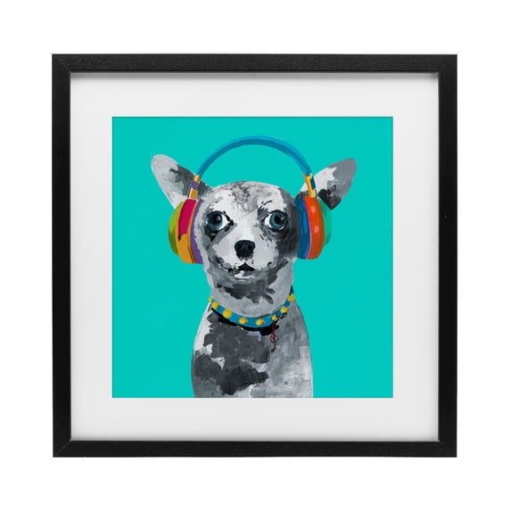 Stupell Industries Contemporary Jammin' Pup on Blue Black Framed Print Under Glass, 13 x 13, by Lorenzo Collective