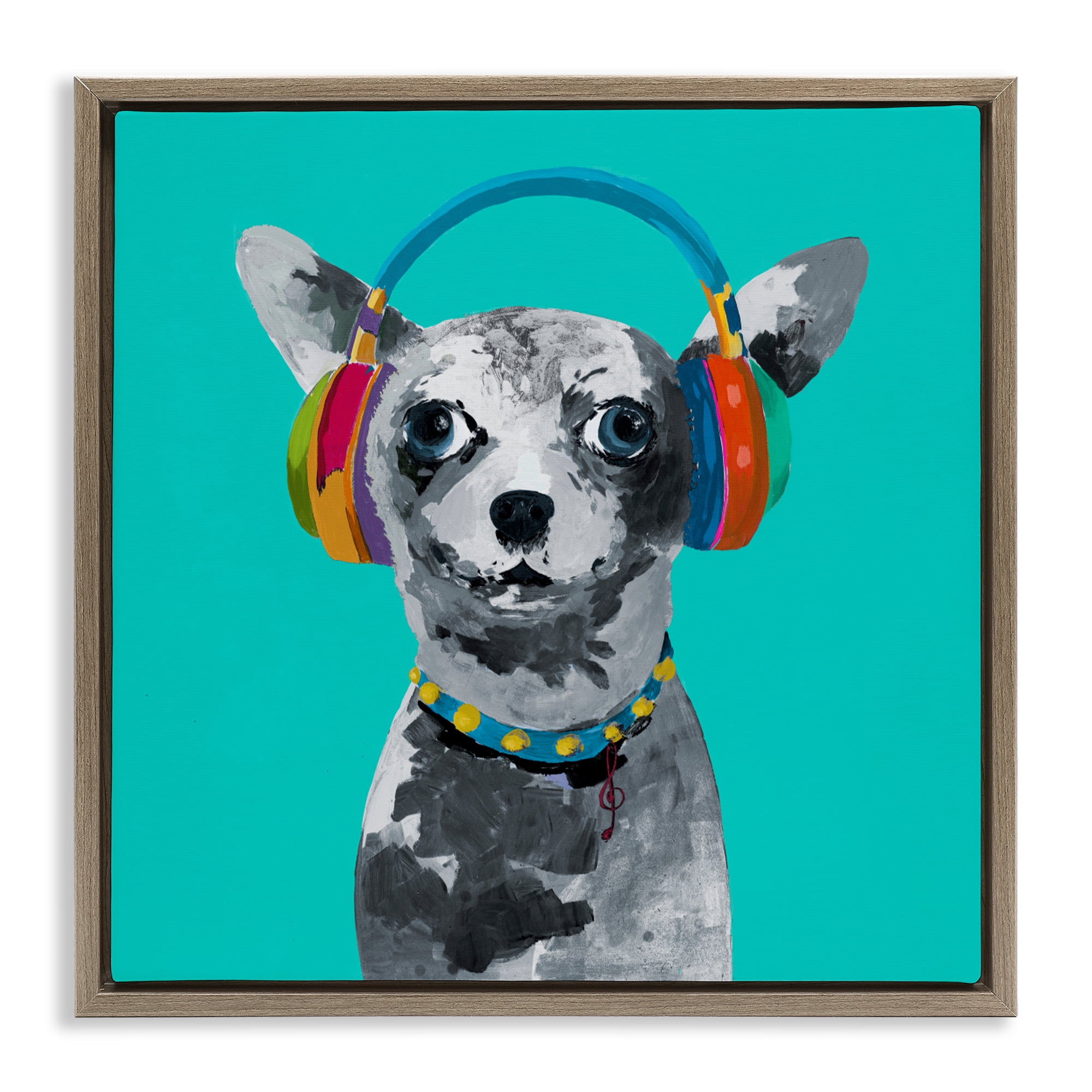 Stupell Industries Jammin' Pup on Blue Brown Framed Floater Canvas Wall Art, design by Lorenzo Collective