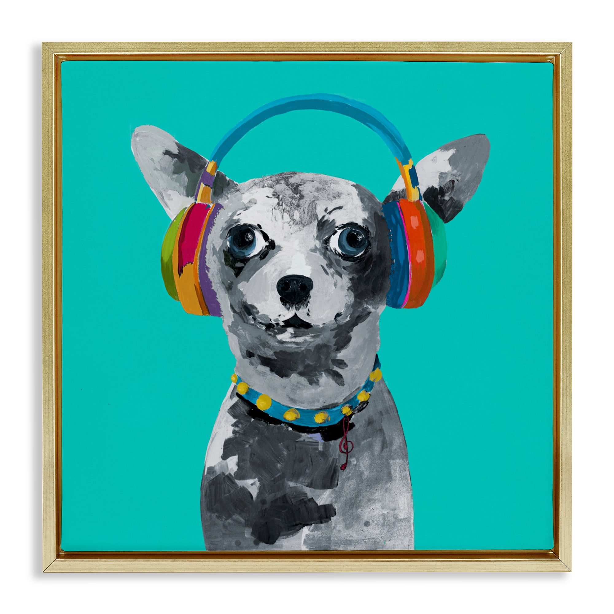 Stupell Industries Jammin' Pup on Blue Gold Framed Floater Canvas Wall Art, design by Lorenzo Collective