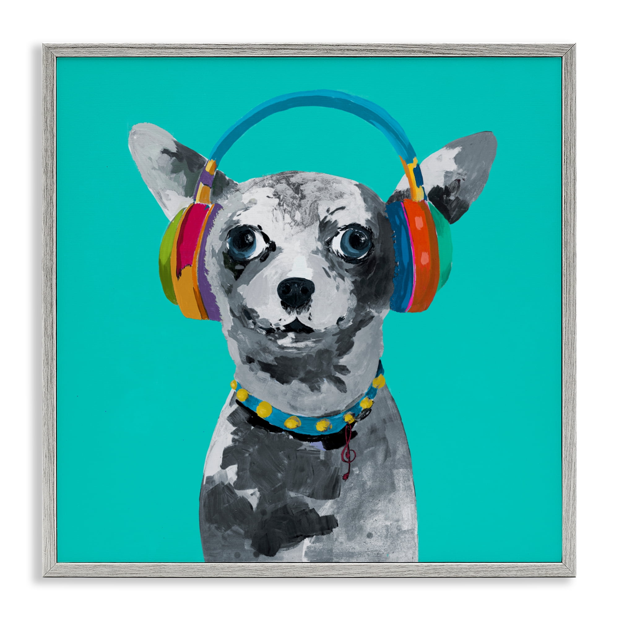 Stupell Industries Jammin' Pup on Blue Gray Framed Giclee Art, design by Lorenzo Collective