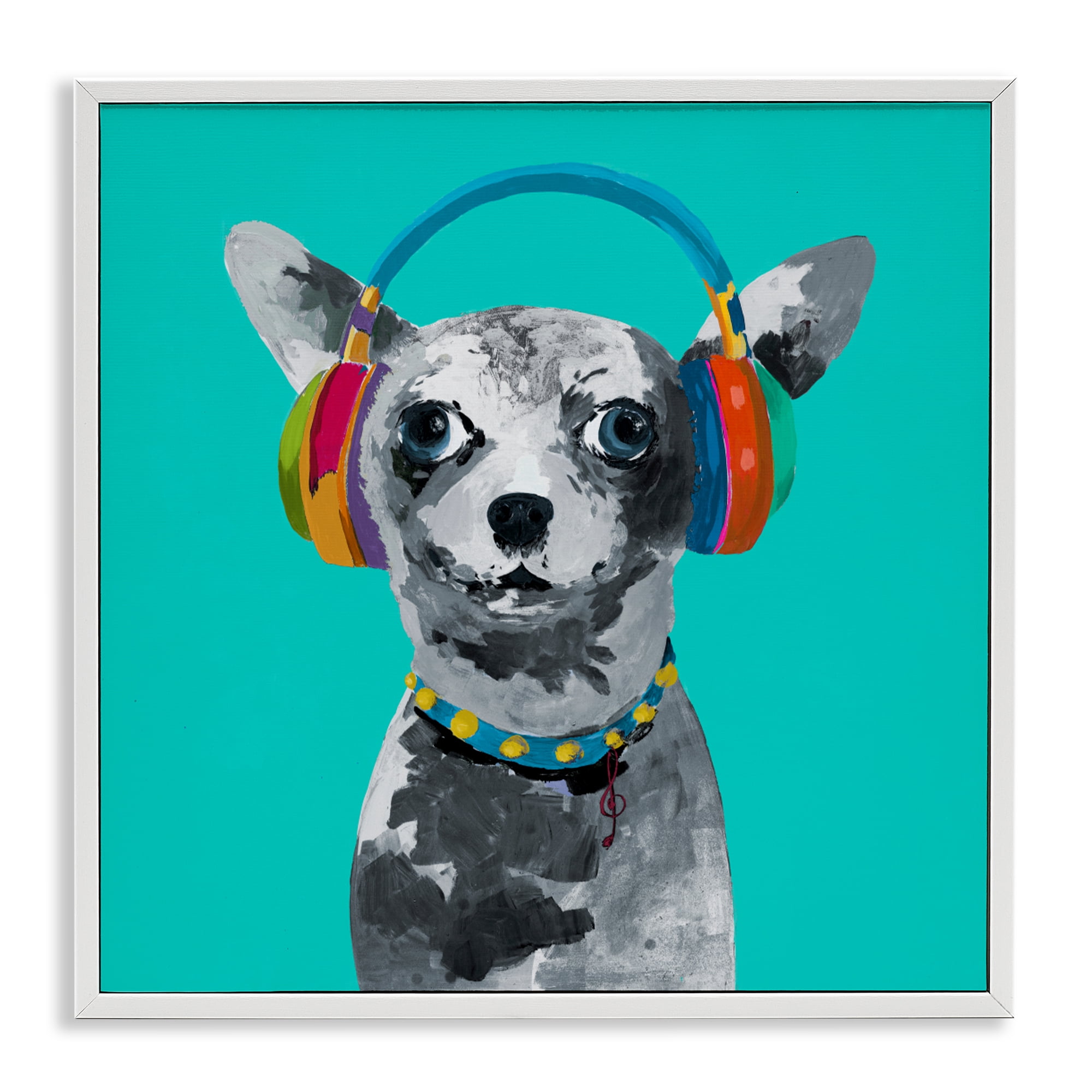Stupell Industries Jammin' Pup on Blue White Framed Giclee Art, design by Lorenzo Collective