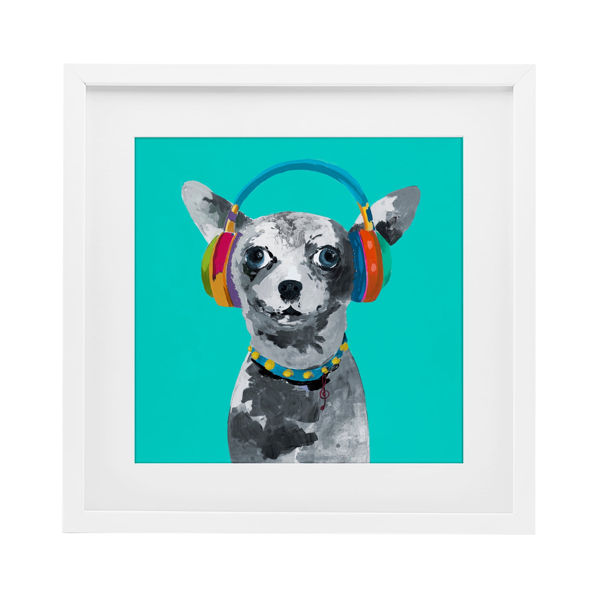 Stupell Industries Jammin' Pup on Blue White Framed Print Under Glass, design by Lorenzo Collective