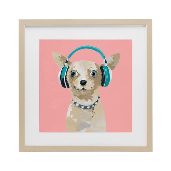 Stupell Industries Cottage Jammin' Pup on Pink Birch Framed Print Under Glass, 13 x 13, by Lorenzo Collective