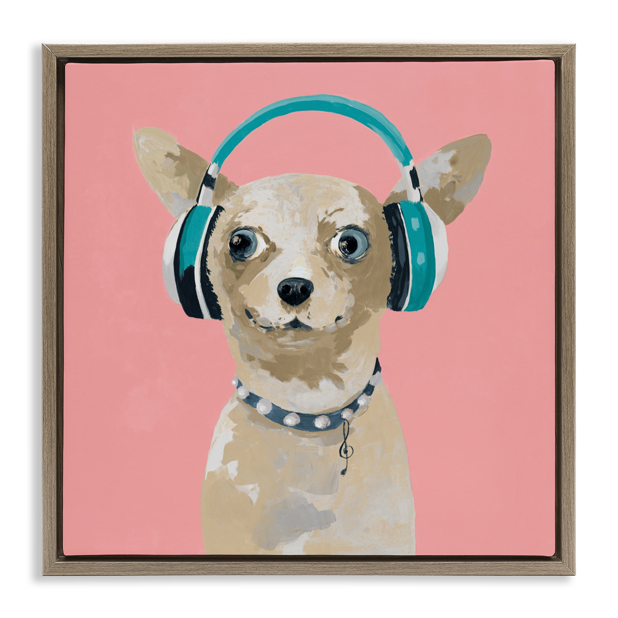 Stupell Industries Jammin' Pup on Pink Brown Framed Floater Canvas Wall Art, design by Lorenzo Collective