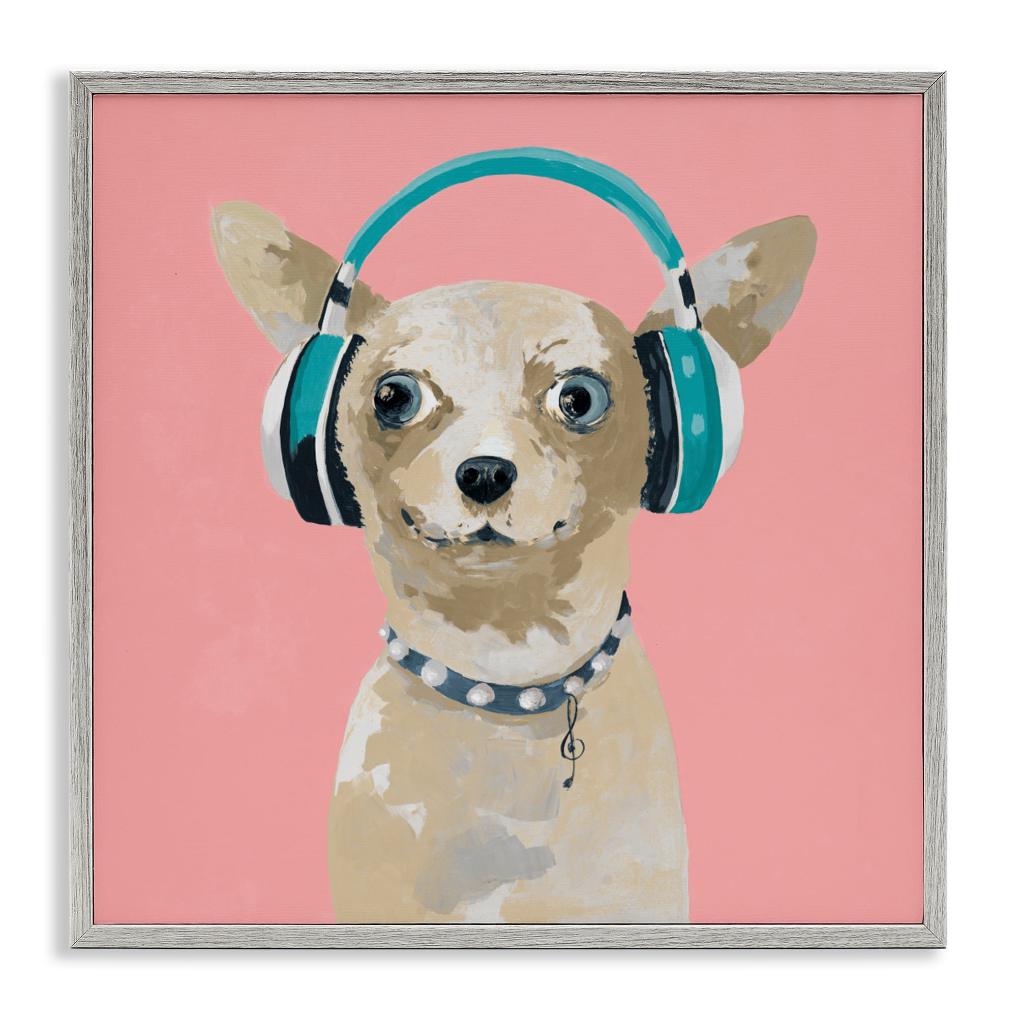 Stupell Industries Jammin' Pup on Pink Gray Framed Giclee Art, design by Lorenzo Collective