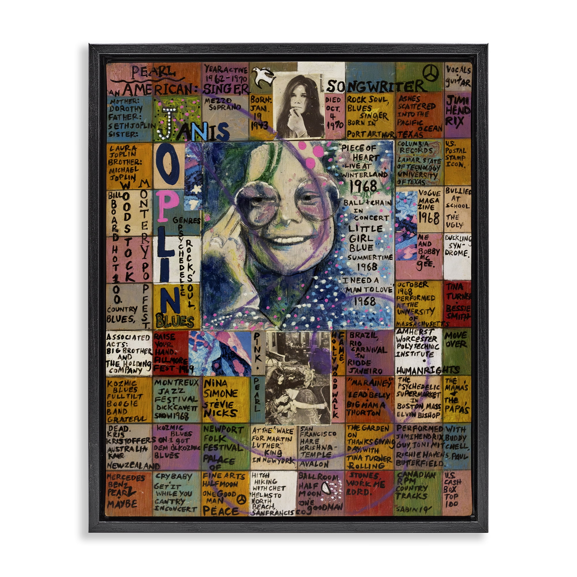 Stupell Industries Janis Joplin Collage People Drawing Black Floater Framed Canvas Art Print Wall Art, 17 x 21