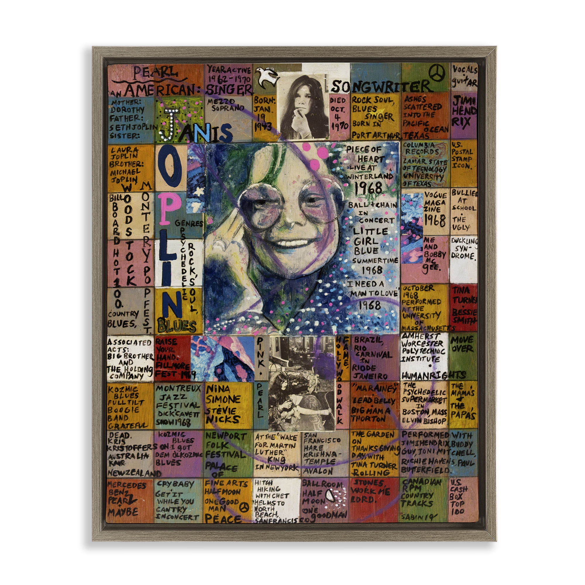 Stupell Industries Janis Joplin Collage People Drawing Brown Floater Framed Canvas Art Print Wall Art, 25 x 31