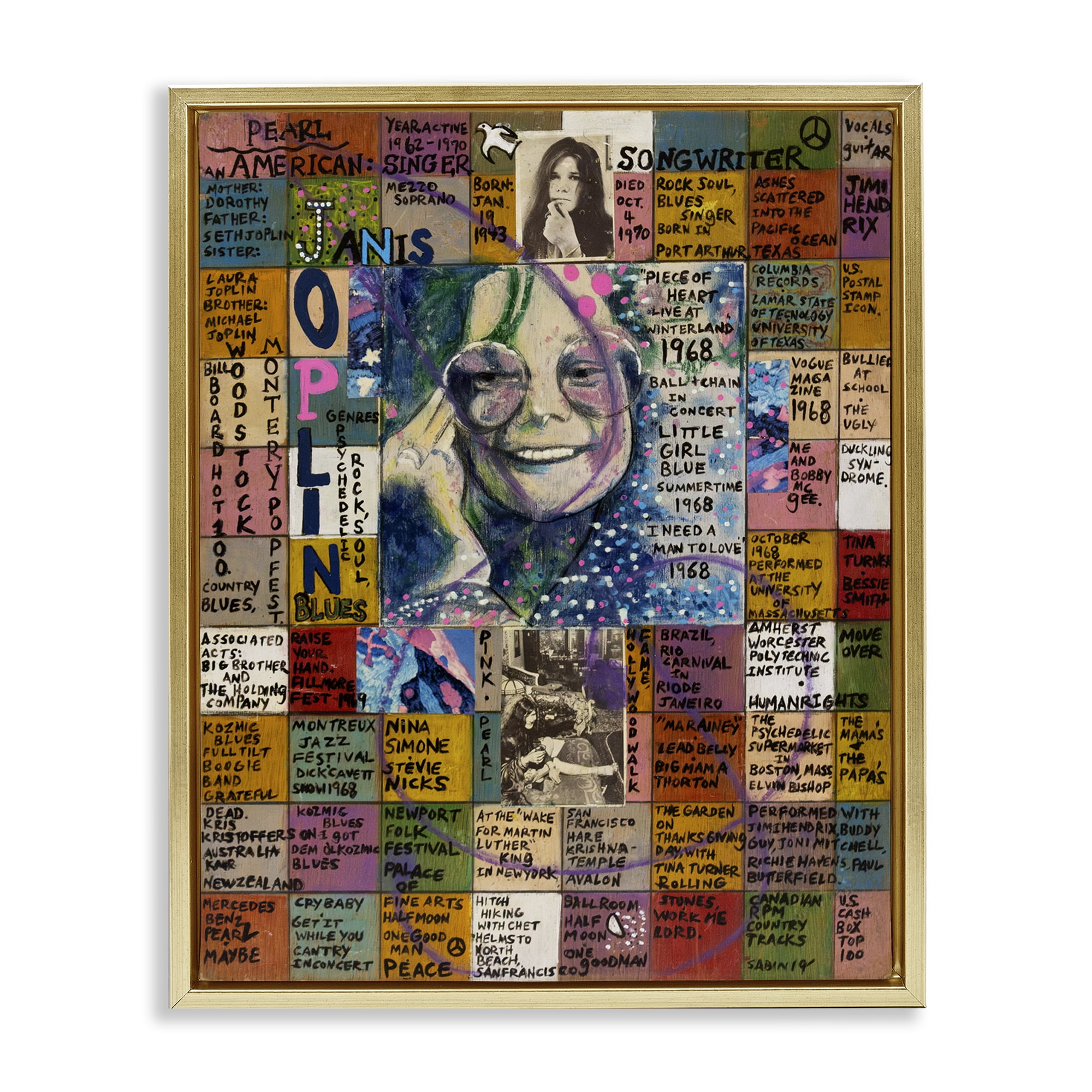 Stupell Industries Janis Joplin Collage People Drawing Gold Floater Framed Canvas Art Print Wall Art, 25 x 31