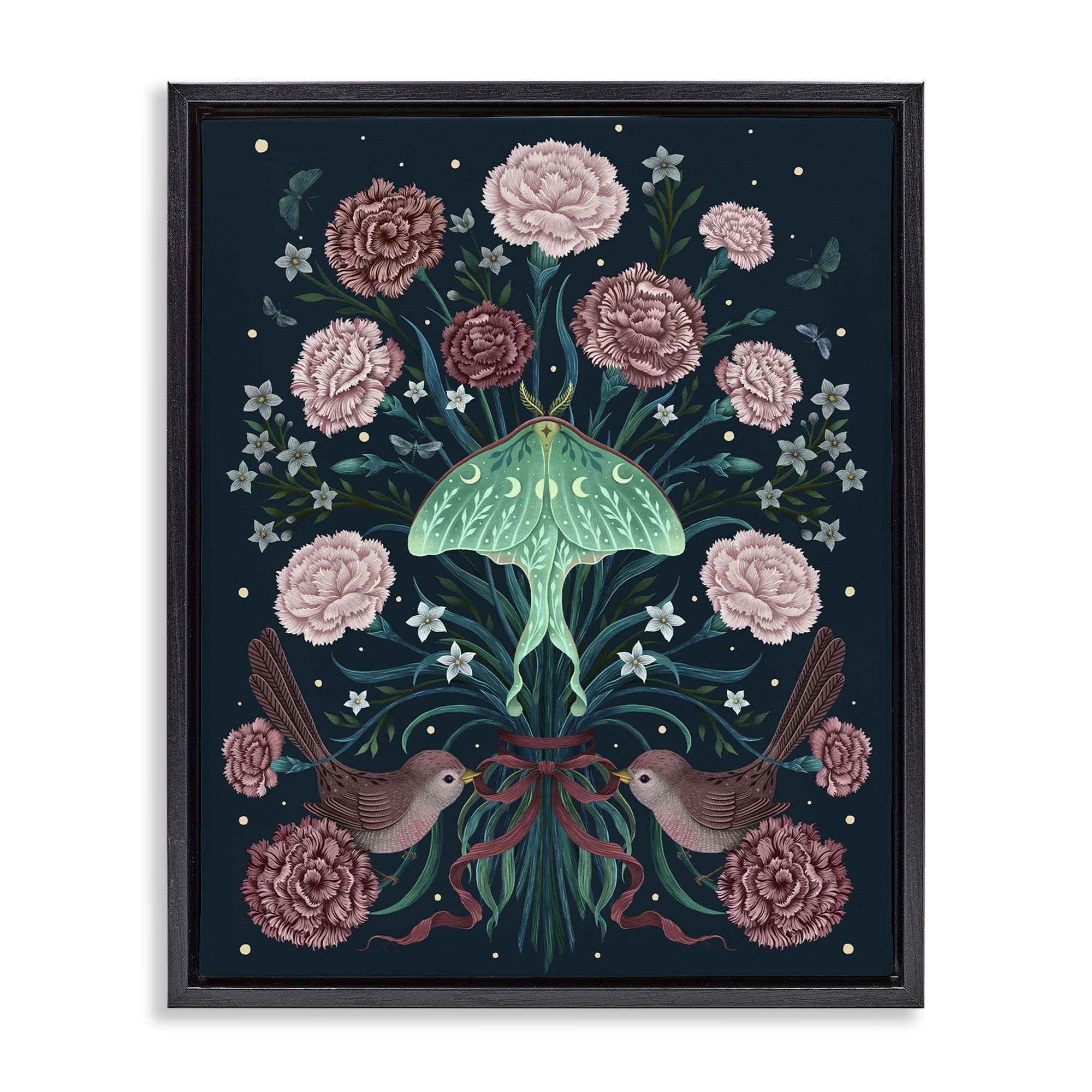 Stupell Industries January Carnations & Moth Black Framed Floater Canvas Wall Art, design by Episodic Drawings
