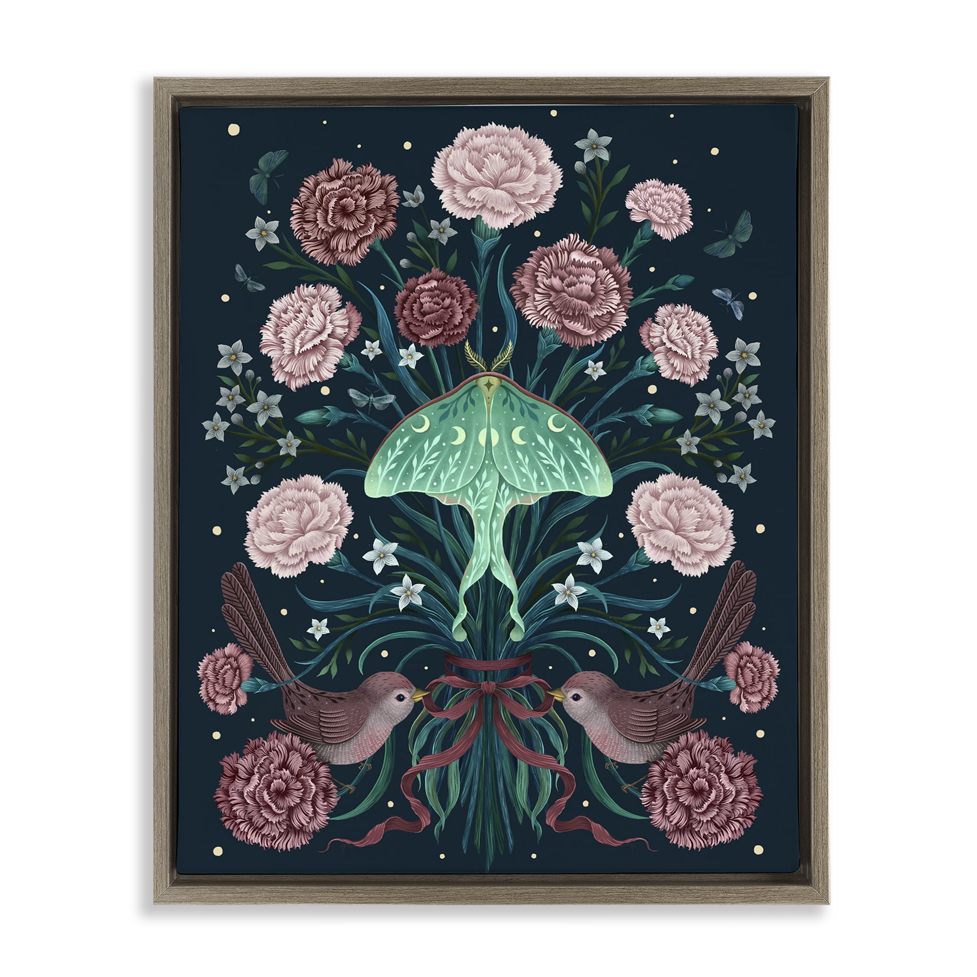 Stupell Industries January Carnations & Moth Brown Framed Floater Canvas Wall Art, design by Episodic Drawings