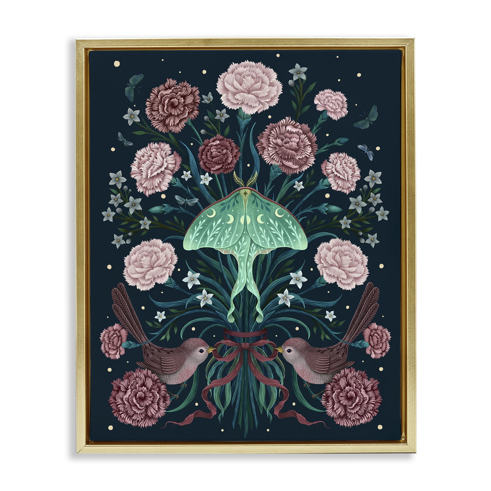 Stupell Industries January Carnations & Moth Gold Framed Floater Canvas Wall Art, design by Episodic Drawings