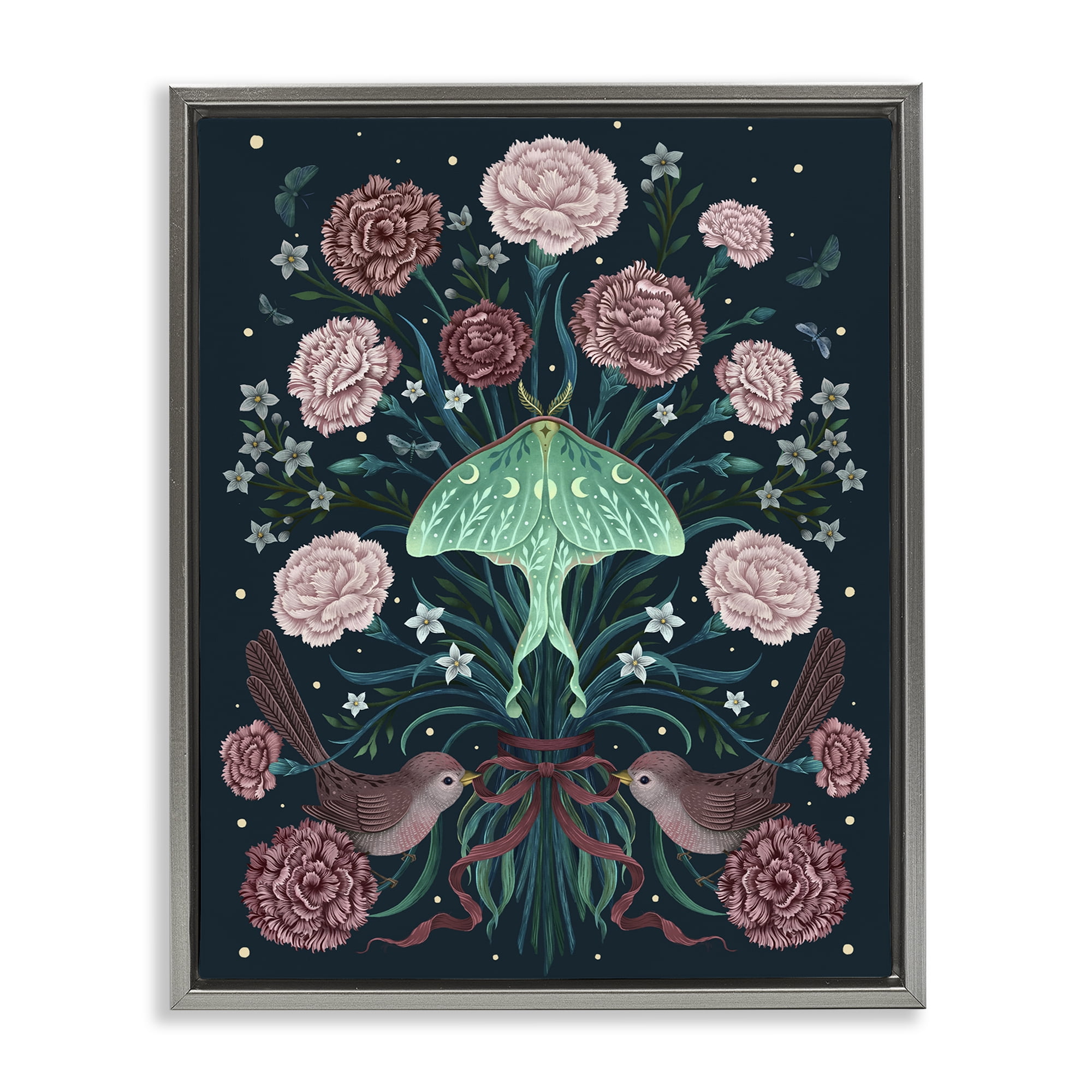 Stupell Industries January Carnations & Moth Gray Framed Floater Canvas Wall Art, design by Episodic Drawings