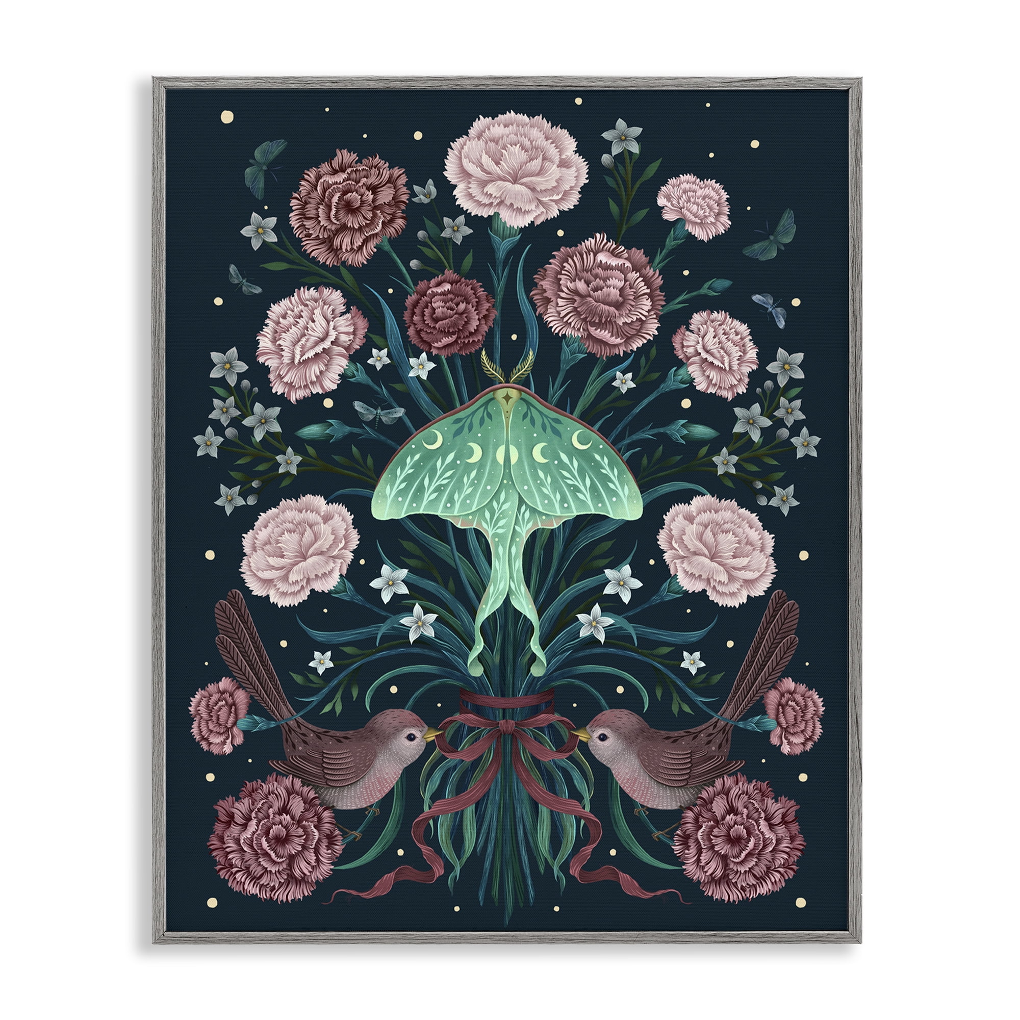 Stupell Industries January Carnations & Moth Gray Framed Giclee Art, design by Episodic Drawings