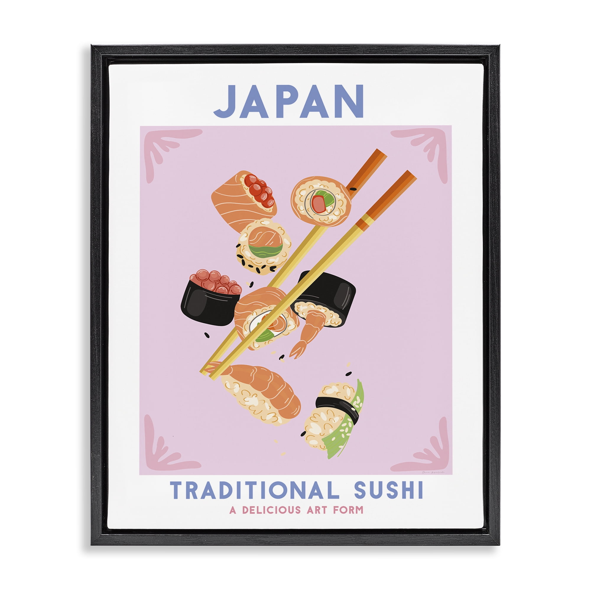 Stupell Industries Japanese Traditional Sushi Food & Beverage Painting Black Floater Framed Canvas Art Print Wall Art, 17 x 21