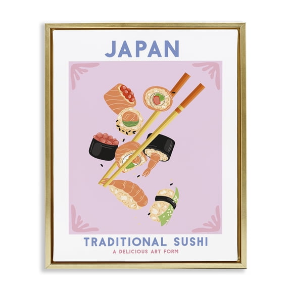 Stupell Industries Japanese Traditional Sushi Food & Beverage Painting Gold Floater Framed Canvas Art Print Wall Art, 17 x 21