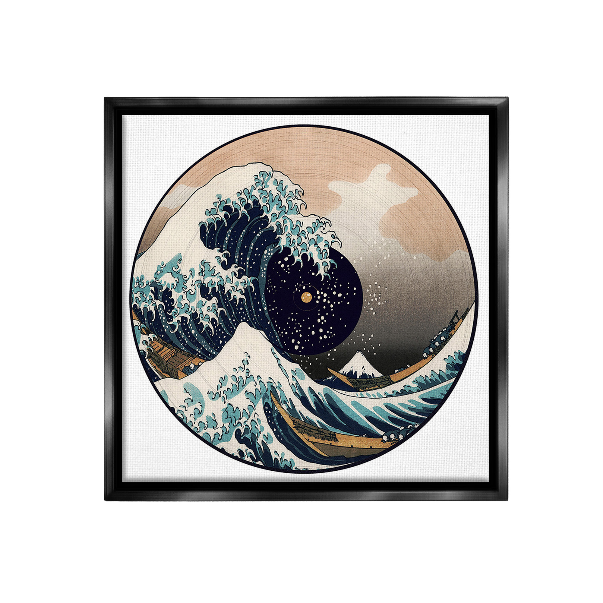 Stupell Industries Japanese Wave Music Record Landscape Painting Black Floater Framed Canvas Art Print Wall Art, 18 x 18
