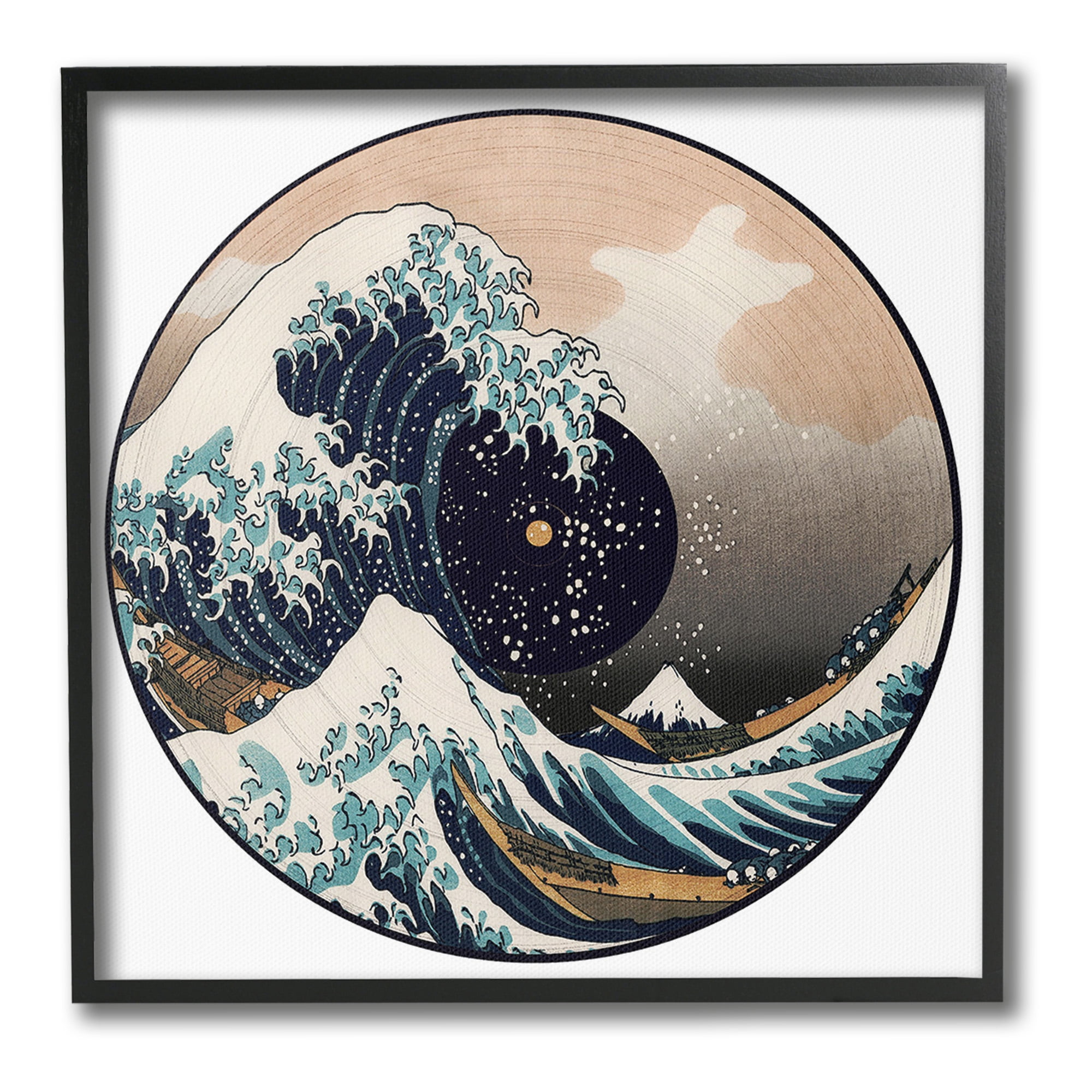 Stupell Industries Japanese Wave Music Record Landscape Painting Black Framed Art Print Wall Art, 12 x 12