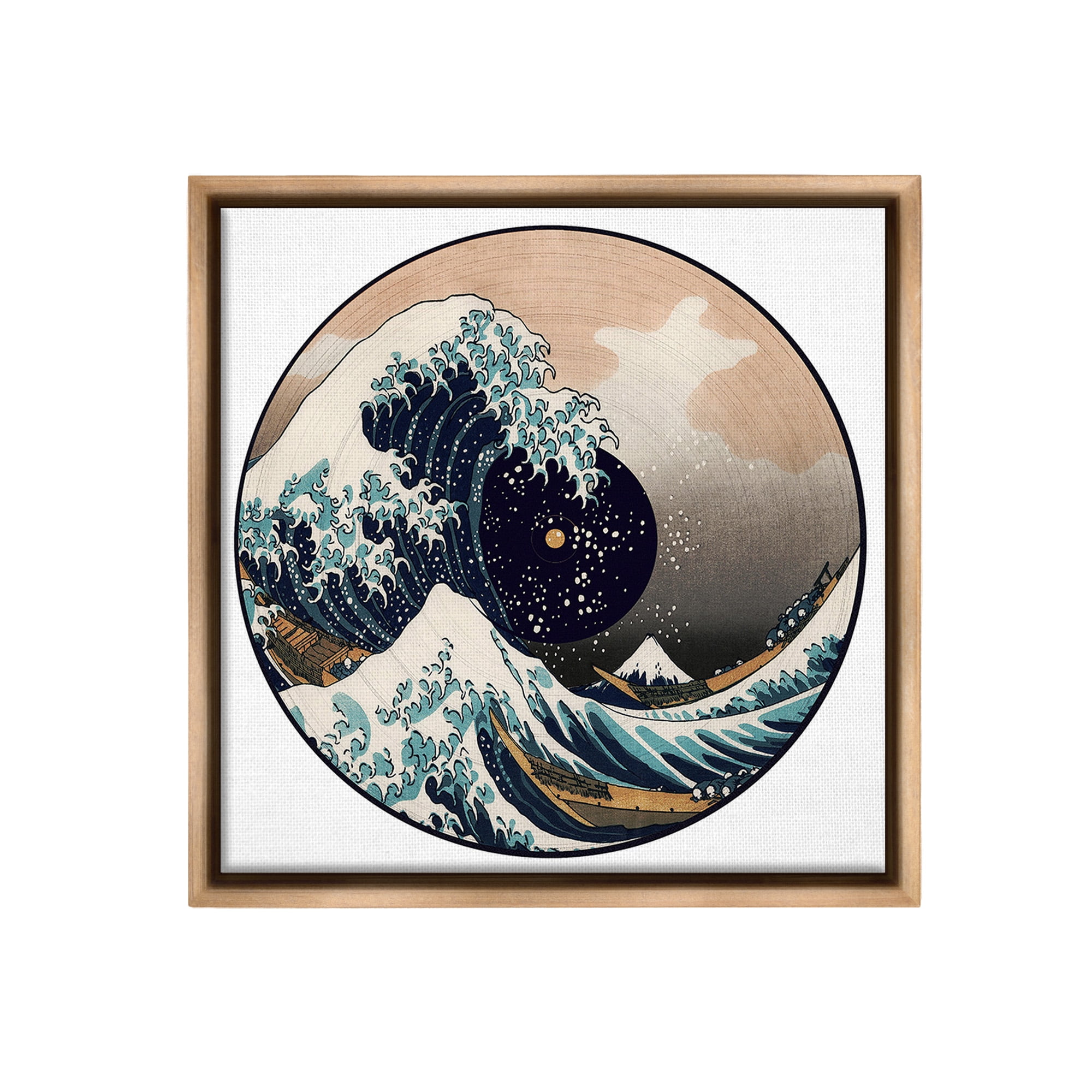 Stupell Industries Japanese Wave Music Record Landscape Painting Brown Floater Framed Canvas Art Print Wall Art, 25 x 25