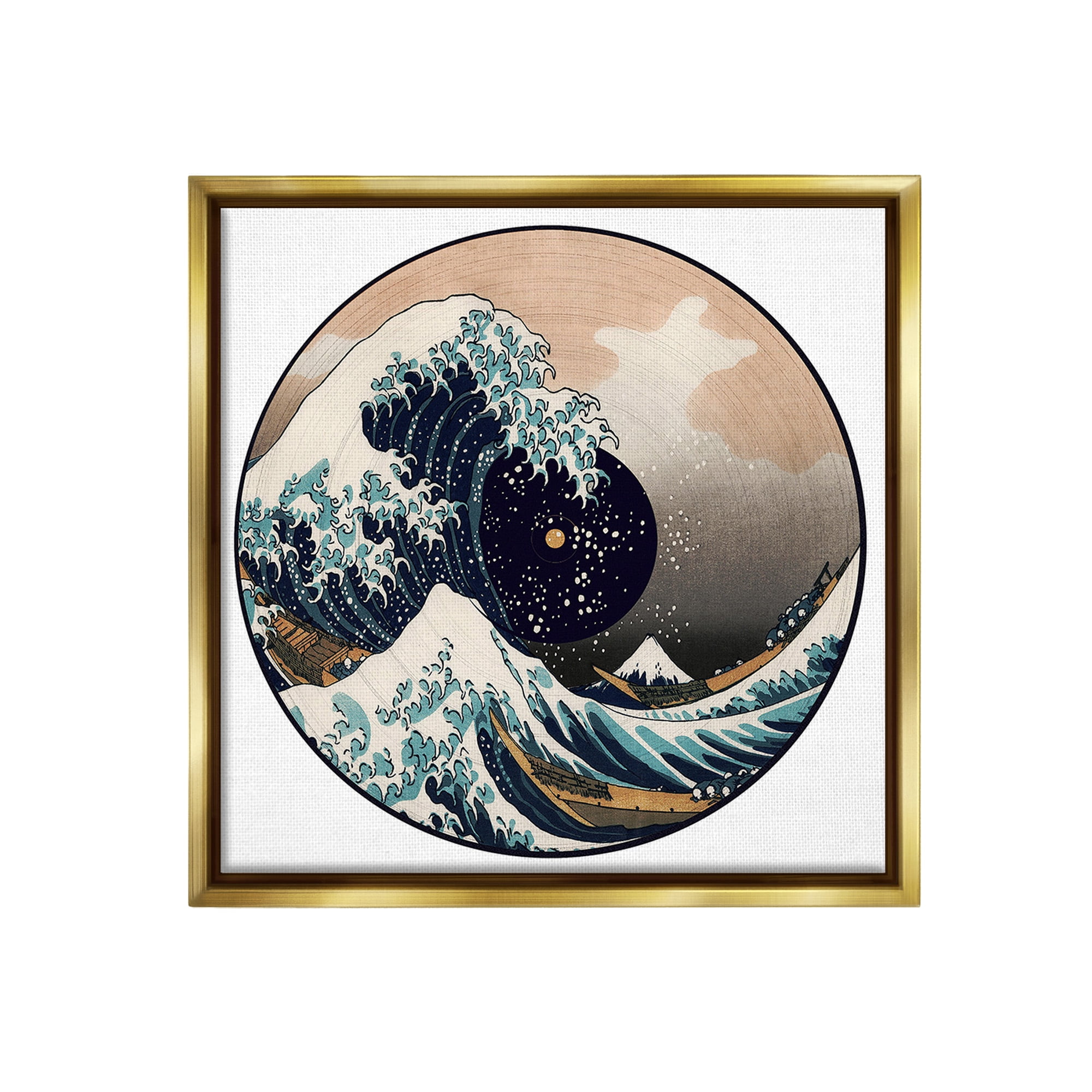 Stupell Industries Japanese Wave Music Record Landscape Painting Gold Floater Framed Canvas Art Print Wall Art, 18 x 18