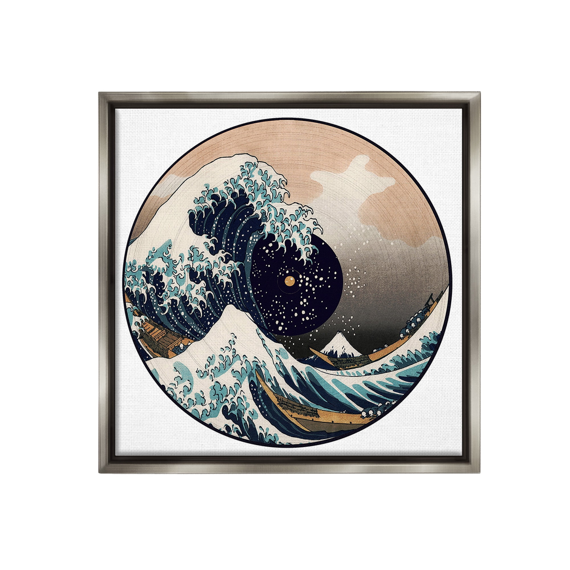 Stupell Industries Japanese Wave Music Record Landscape Painting Gray Floater Framed Canvas Art Print Wall Art, 18 x 18