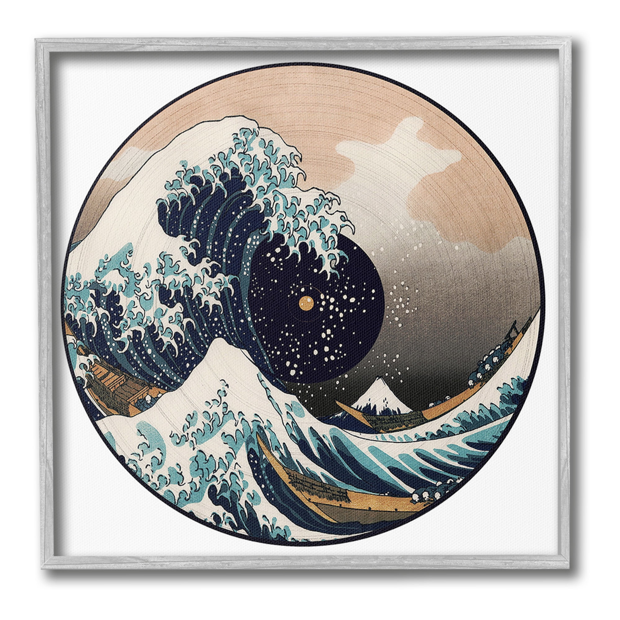 Stupell Industries Japanese Wave Music Record Landscape Painting Gray Framed Art Print Wall Art, 12 x 12