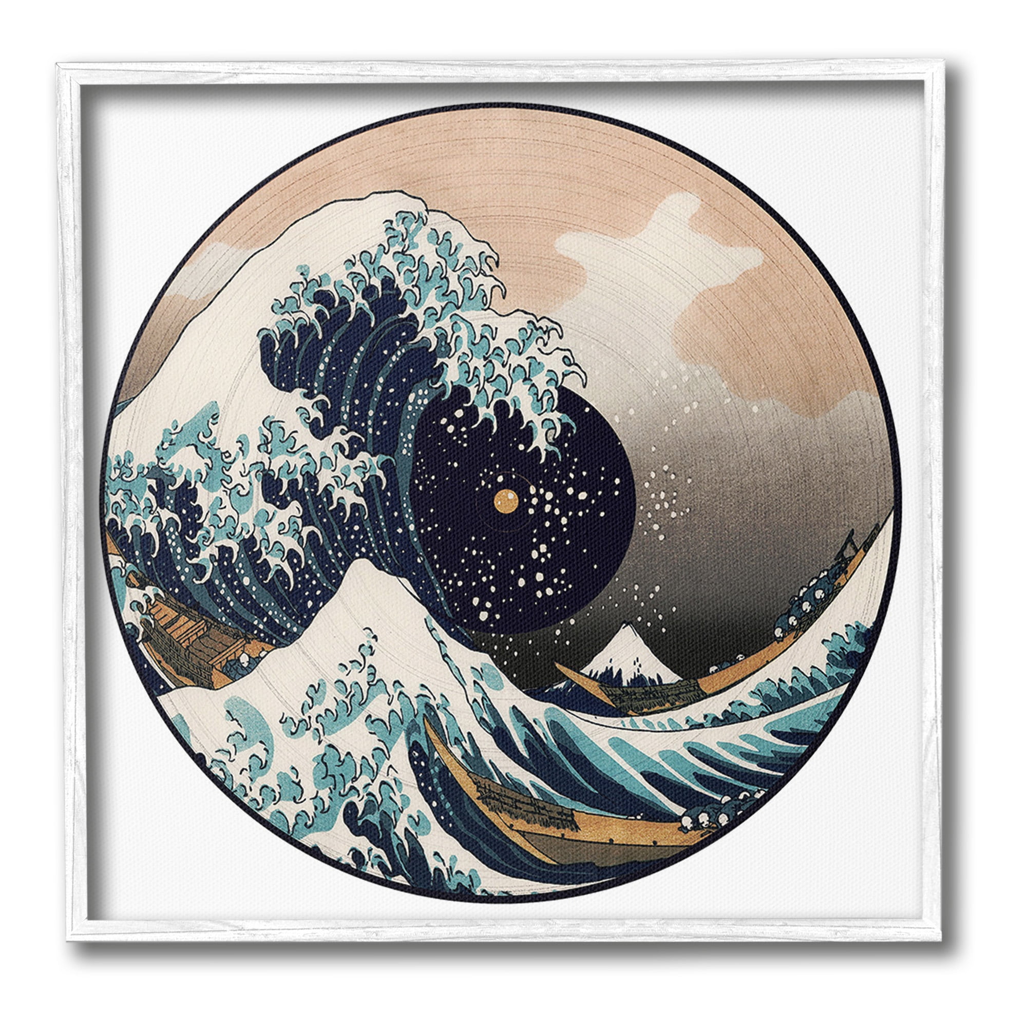 Stupell Industries Japanese Wave Music Record Landscape Painting White Framed Art Print Wall Art, 12 x 12