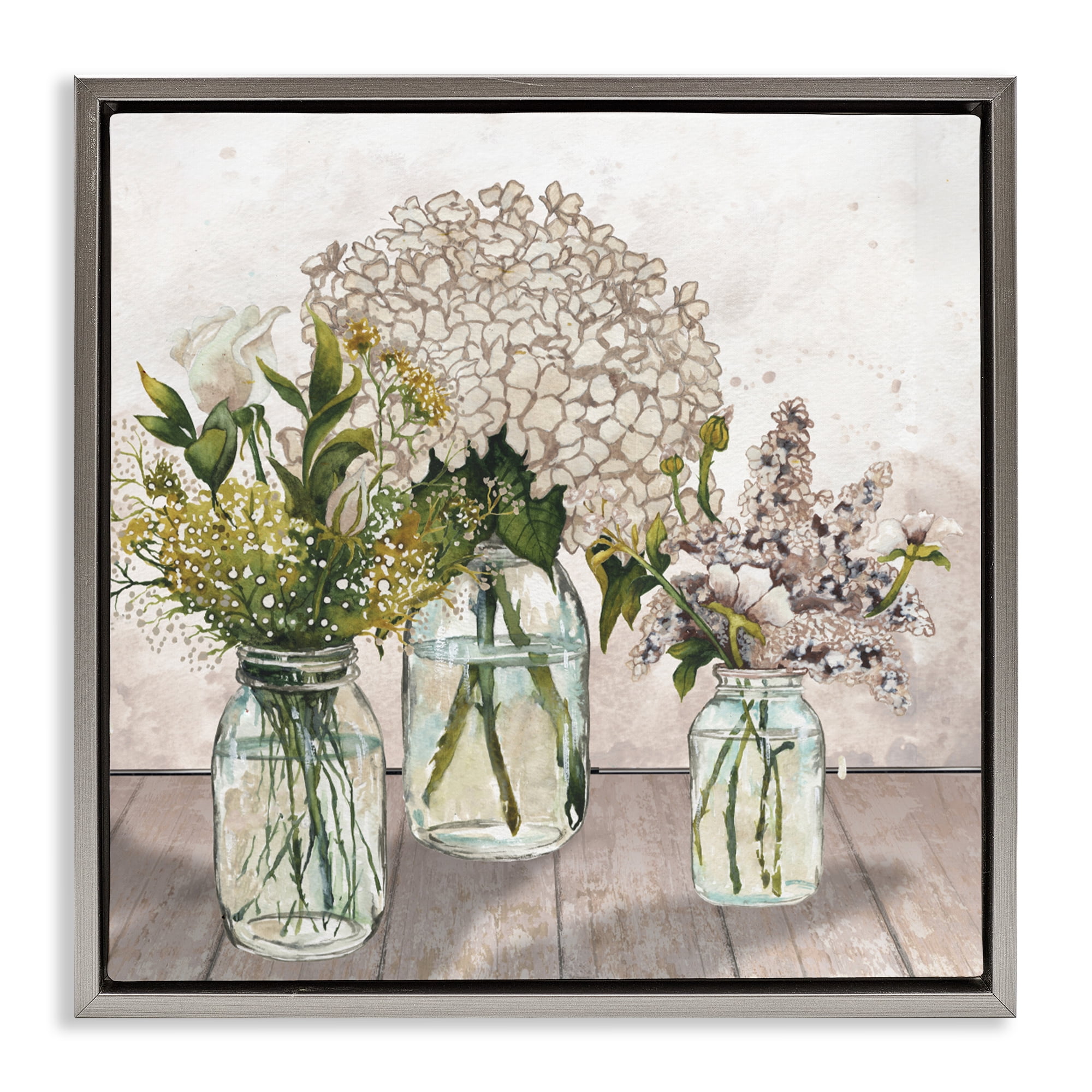 Stupell Industries Jars Of Wildflowers Gray Framed Floater Canvas Wall Art, design by Elizabeth Medley