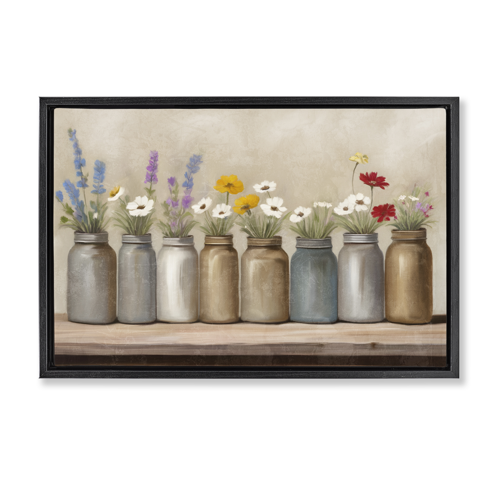 Stupell Industries Jars with Wildflowers Plants & Flowers Painting Black Floater Framed Canvas Art Print Wall Art, 31 x 21