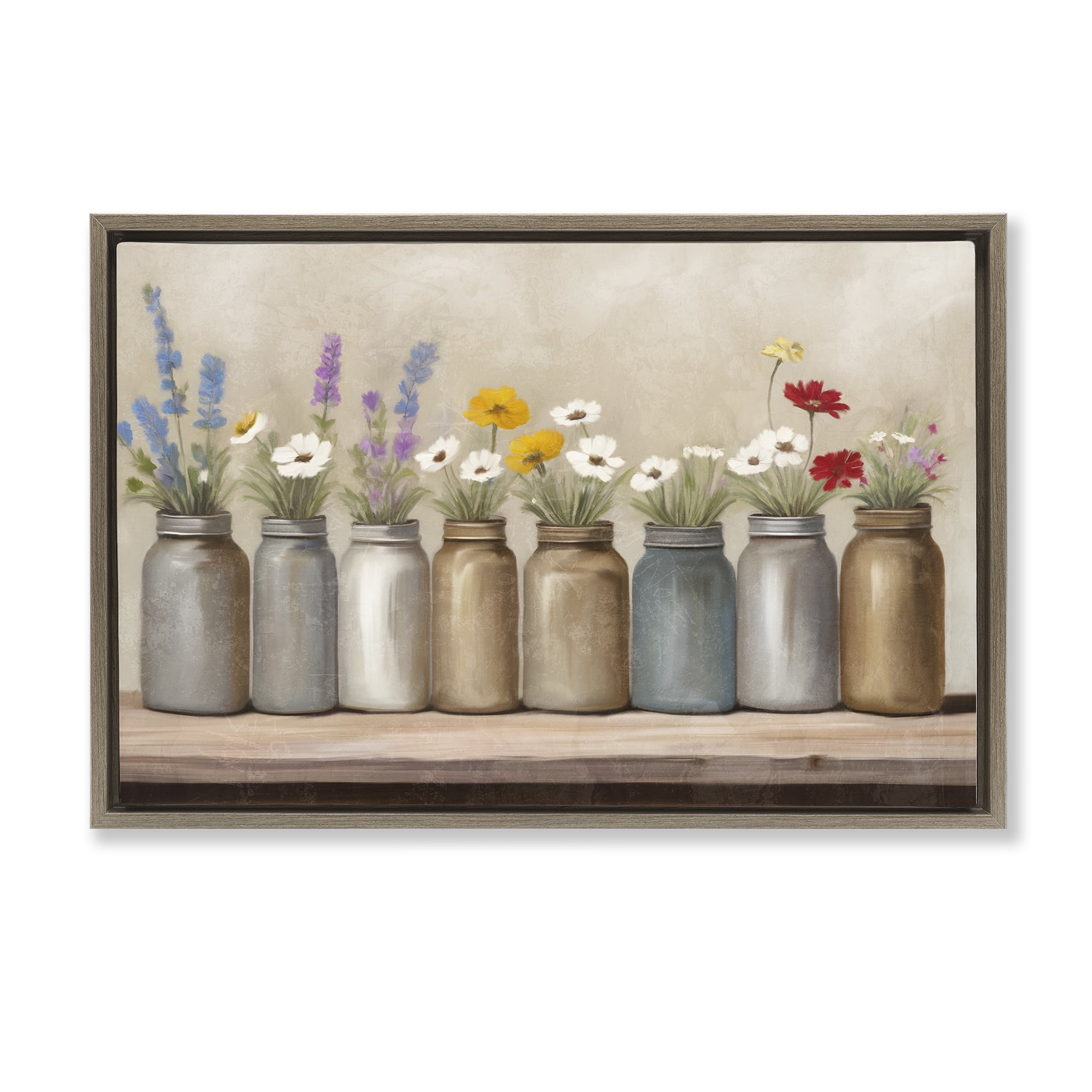 Stupell Industries Jars with Wildflowers Plants & Flowers Painting Brown Floater Framed Canvas Art Print Wall Art, 25 x 17