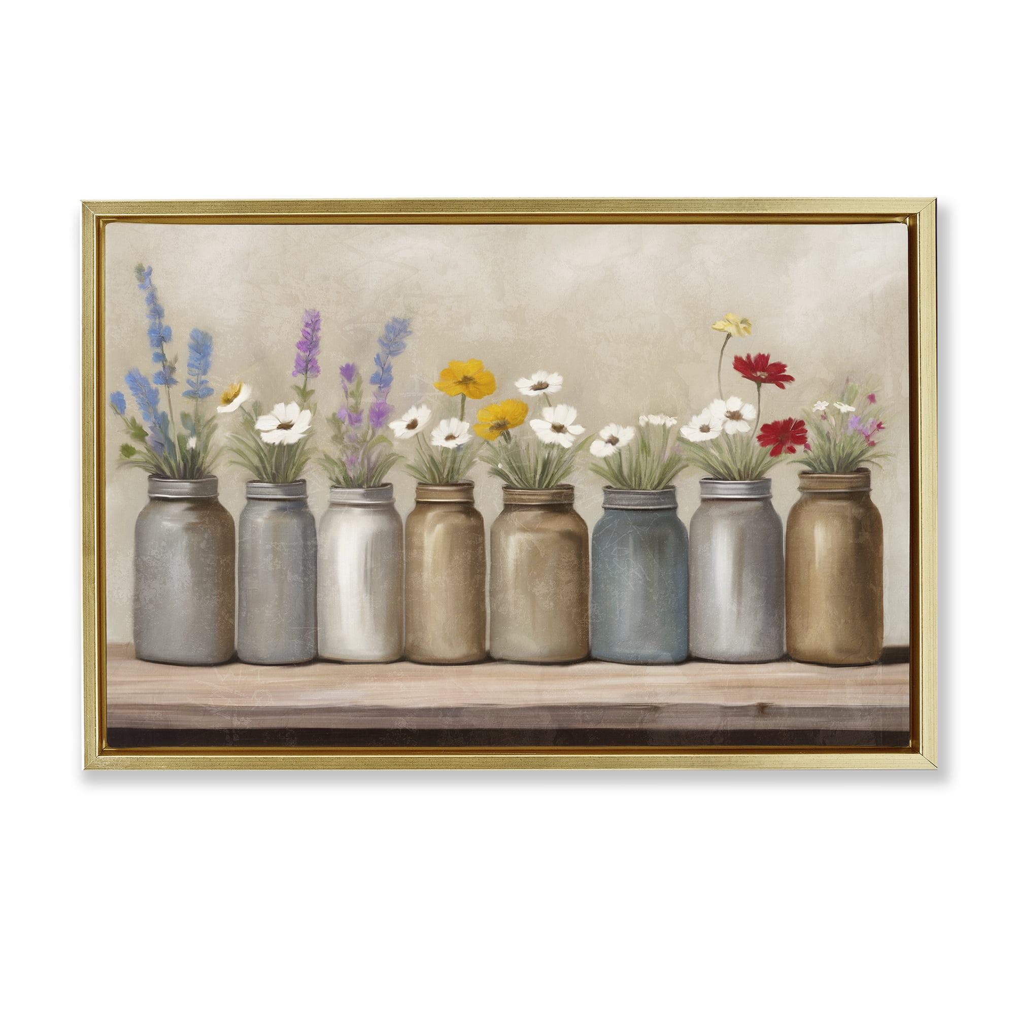 Stupell Industries Jars with Wildflowers Plants & Flowers Painting Gold Floater Framed Canvas Art Print Wall Art, 31 x 21